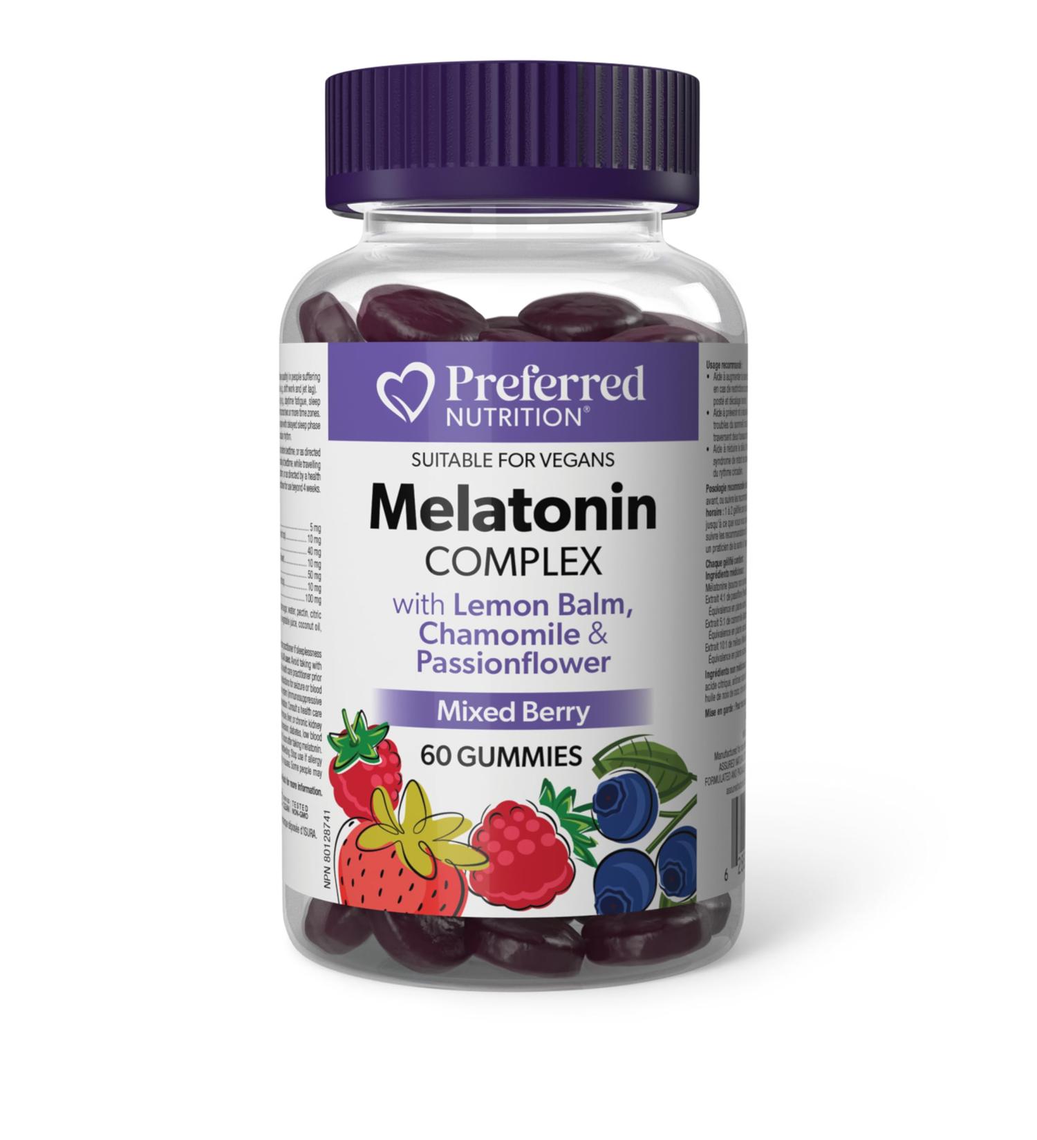 Preferred Nutrition Melatonin Complex with Lemon Balm Chamomile and Passionflower 5mg of Melatonin 60 Gummies Mixed Berry Flavour Helps Improve Sleep Quality Vegan 60 count (Pack of 1) 5 mg - Mixed Berry Flavor