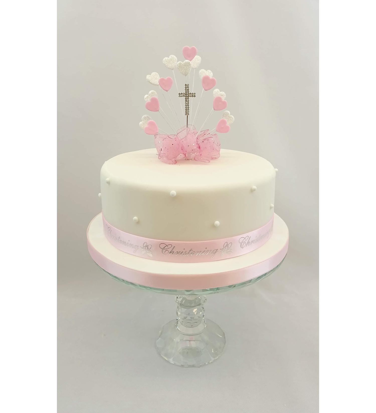 Cake Decoration Heart Burst Pink - Christening Diamante Cross Cake Topper