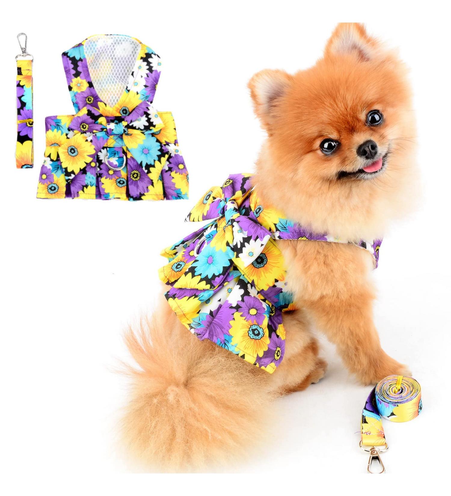 Paidful Dog Harness Dress for Small Dogs & Cats | Colorful Flower Tutu Breathable Mesh Clothing with Leash | Mini Puppy Chihuahua Yorkie Spring/Summer Fashion - Purple (L: 30cm Bust: 42cm) - Buy Online on GoSupps.com