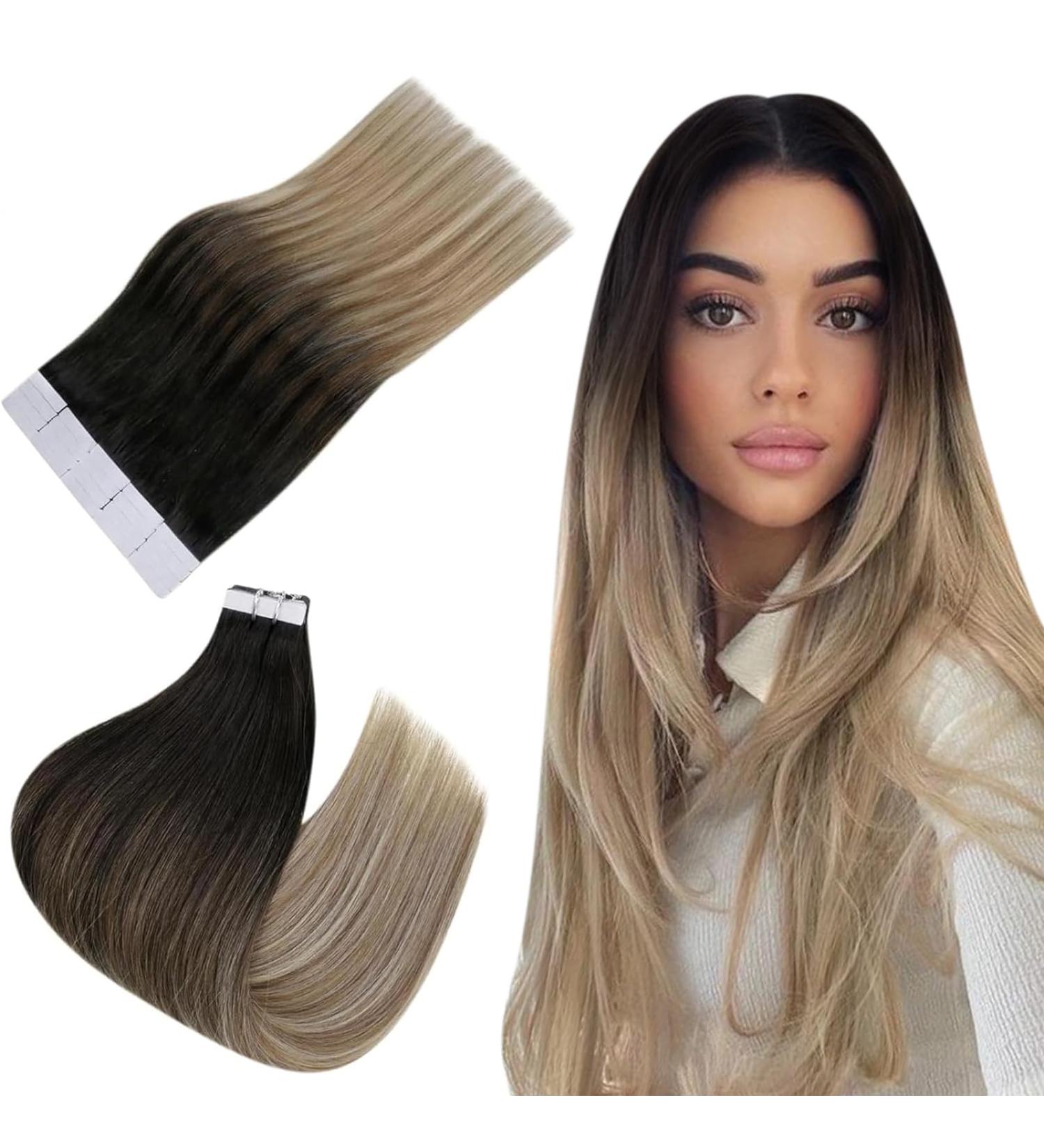 Easyouth Ombre Tape-In Extensions - Remy Human Hair 50g 24 Zoll (#1B/8/22) - Black Mix Ash Brown & Medium Blonde - Buy Online on GoSupps.com