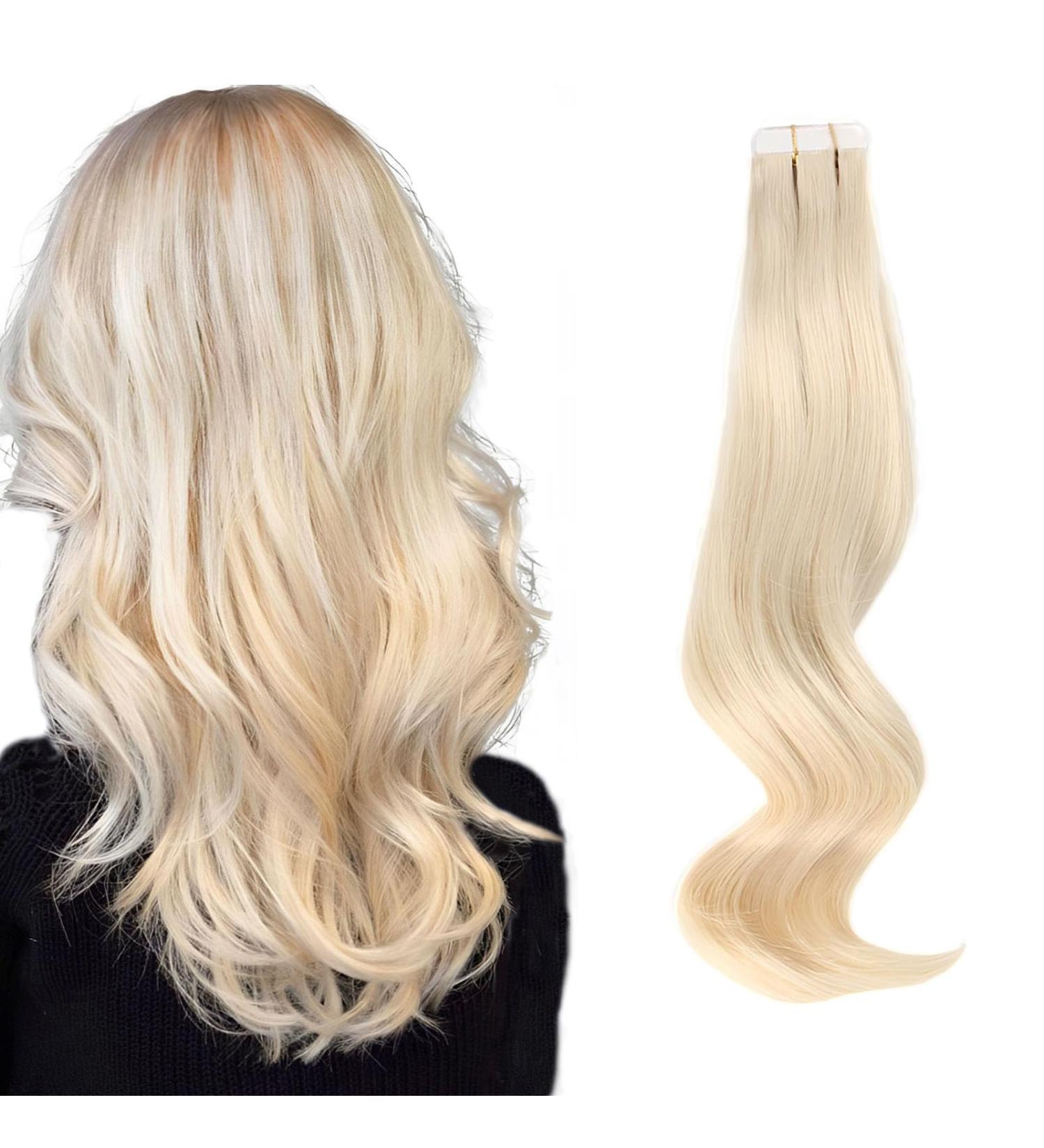 Real Remy Hair Tape Extensions - Platinum Blonde #60 - 20 Pieces 50g 45 cm - Invisible & Reusable - Buy Online on GoSupps.com