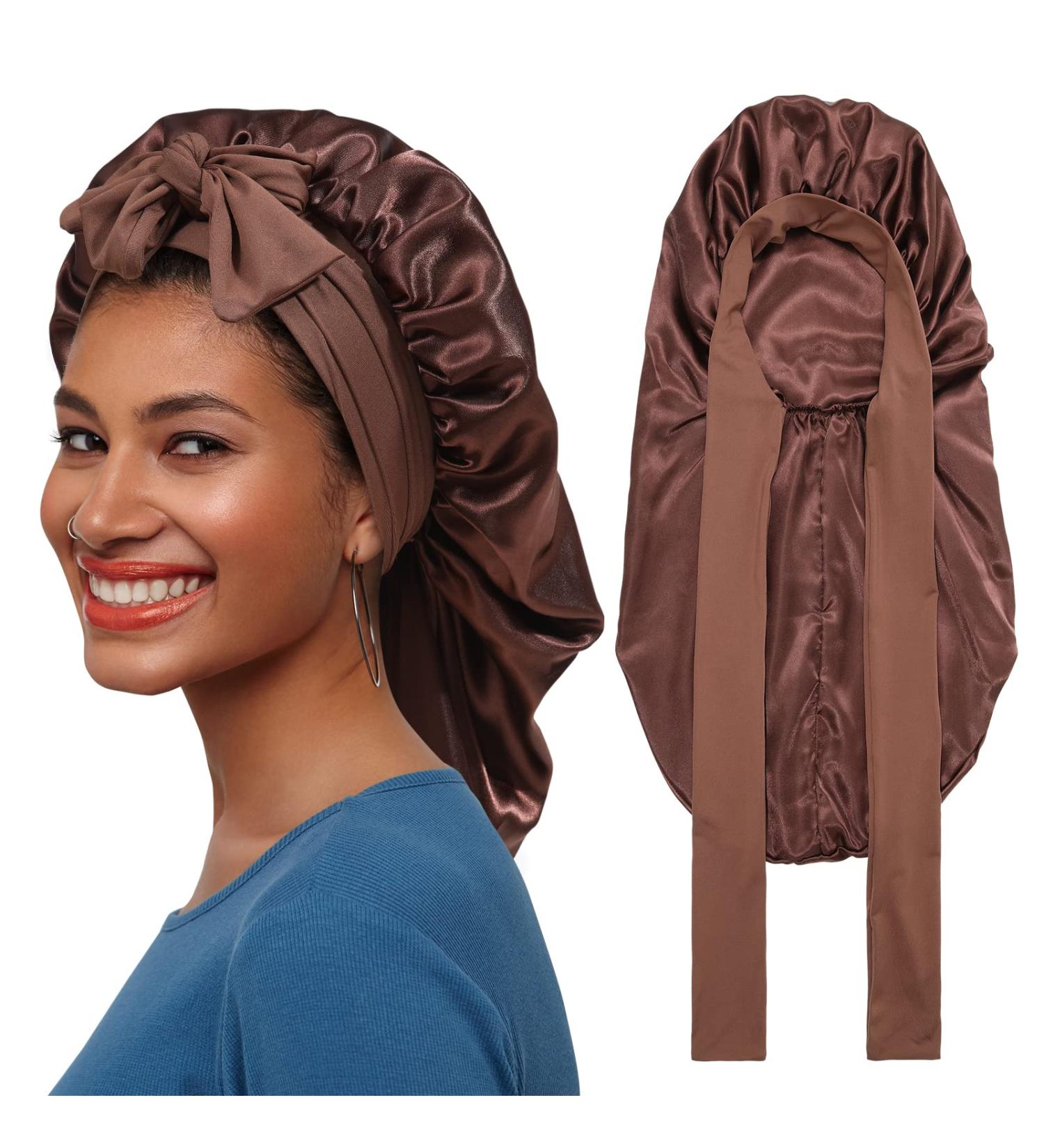 AWAYTR Long Satin Bonnet for Braids - Elastic Silk Night Cap for Women (Brown) - Buy Online on GoSupps.com
