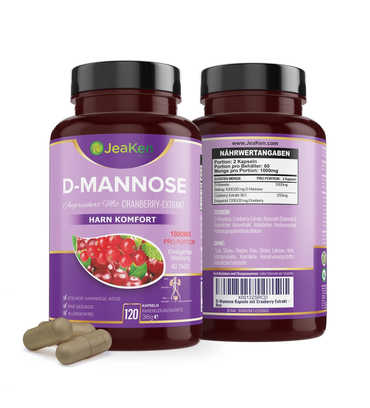 JEKEN D-Mannose Capsules with Cranberry Extract - Natural Antibiotic for Bladder Inflammation - 120 High-Dose Capsules (1 Pack) - Pure D-Mannose Powder - Buy Online on GoSupps.com