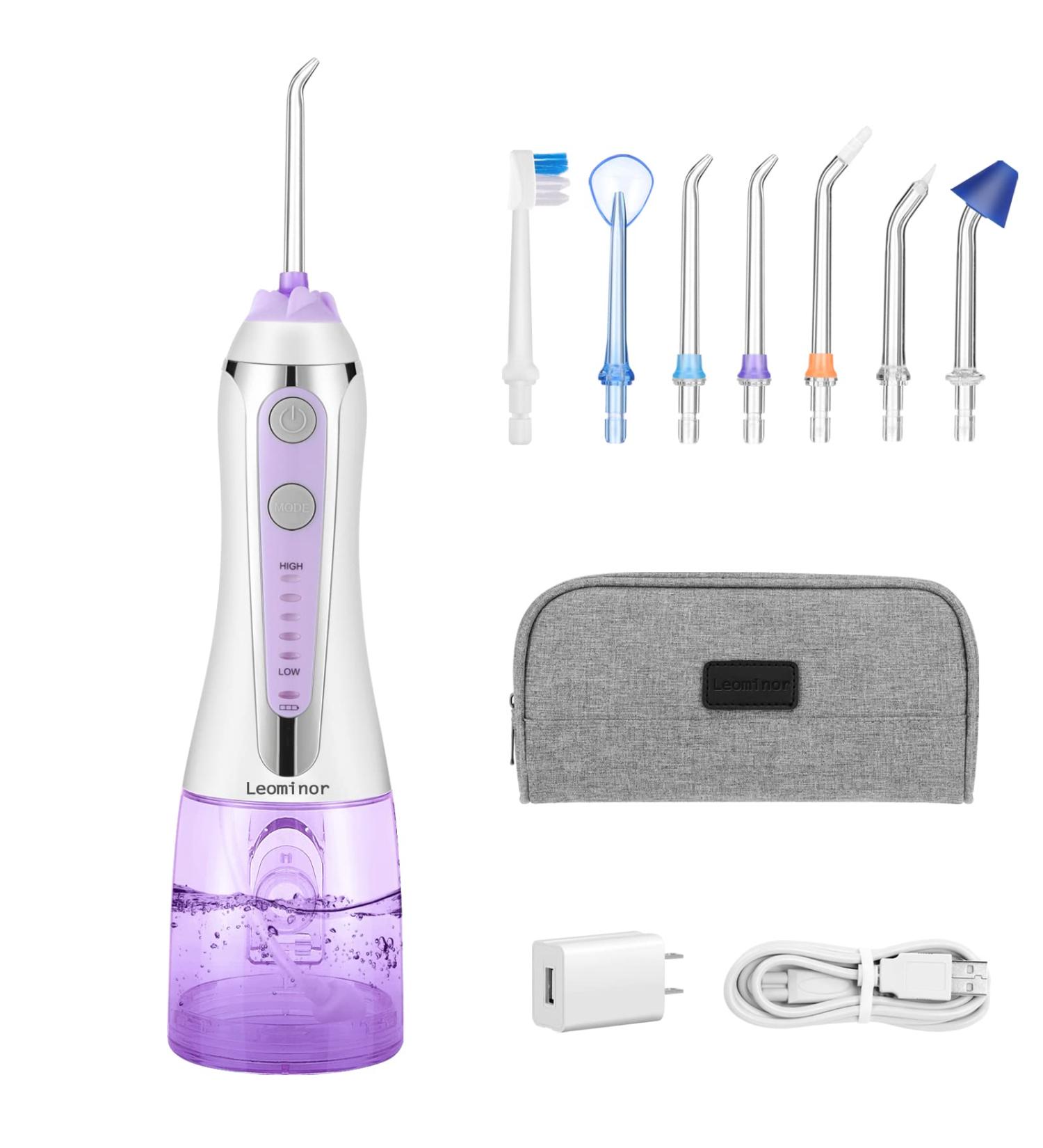 Leominor Cordless Water Flosser - Professional Oral Irrigator 2021 | IPX7 Waterproof, Rechargeable, 7 Jet Tips, Travel Bag | Purple - Buy Online on GoSupps.com