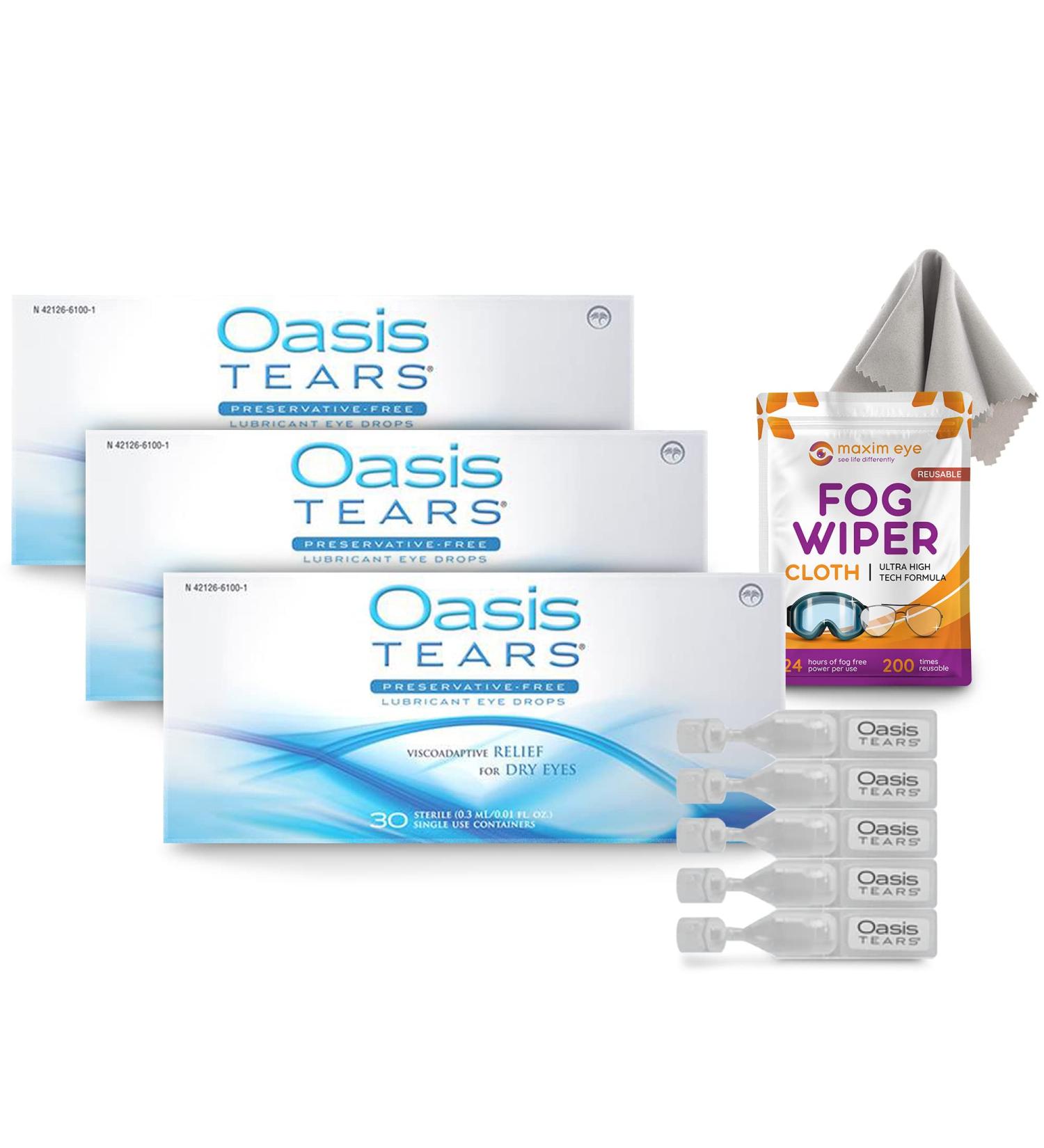 Oasis TEARS 3pk - 90 Vials Preservative-Free Eyedrops for Dry Eyes + Reusable Anti Fog Cloth - Buy Online on GoSupps.com