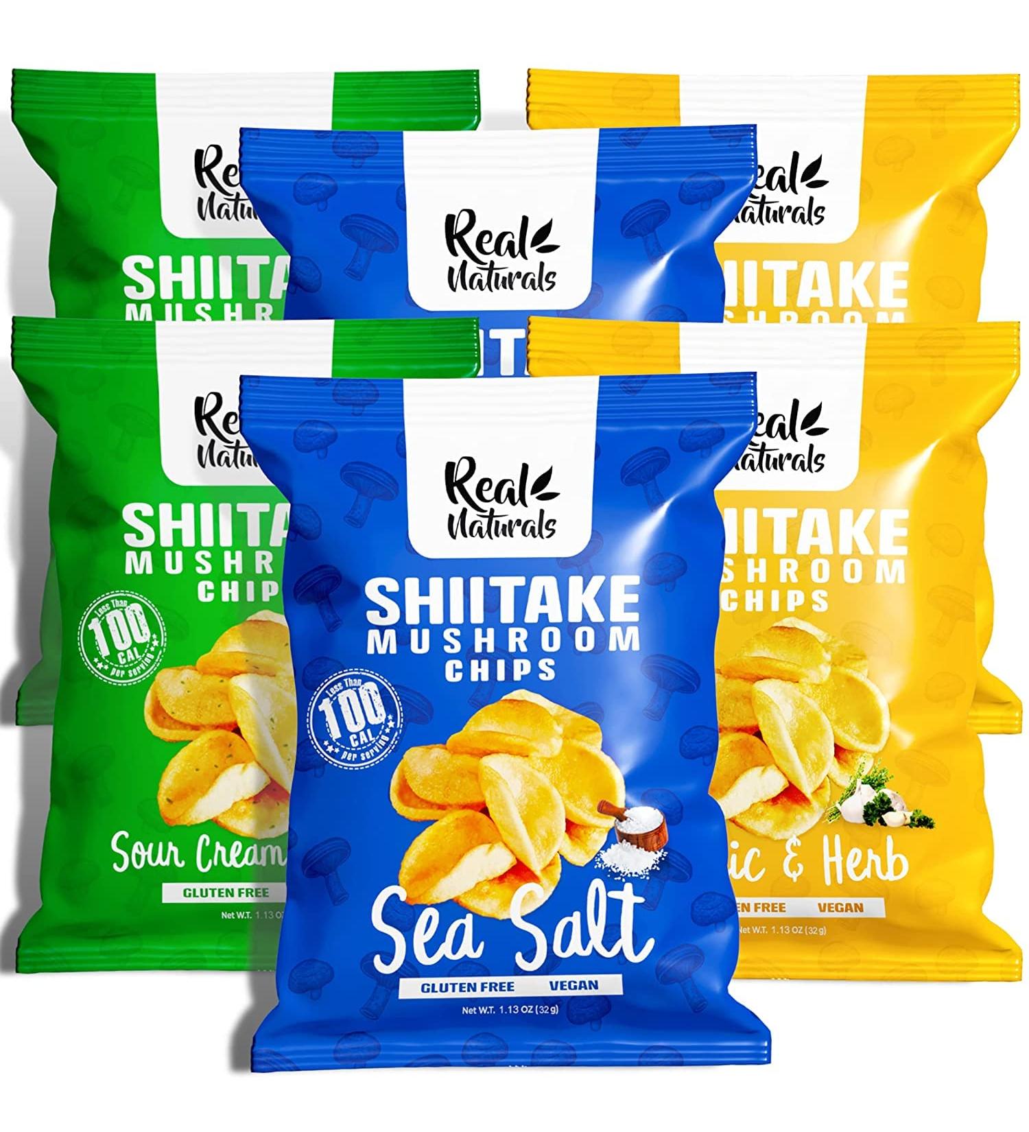 Shiitake Mushroom Chips - (6 pack) - Vegan Prawn Crackers Less than 100 calories Gluten Free mushroom snack. Variety pack - Sea Salt Sour Cream & Onion Garlic & Herbs flavour (6 pack) - Buy Online on GoSupps.com