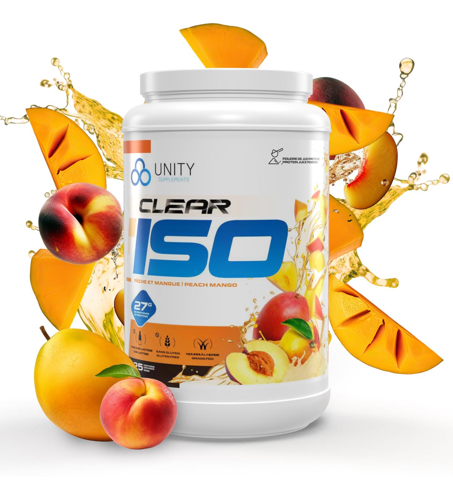 Unity Supplements CLEAR ISO Protein Powder - Grass-fed Whey Isolate Protein - Post Workout Recovery Drink Mix - Keto Friendly and Sugar-Free - 27g Protein per Serving - 900g 25 Servings (2 pounds Peach & Mango) Peach & Mango 2 pounds - Buy Online on GoSupps.com