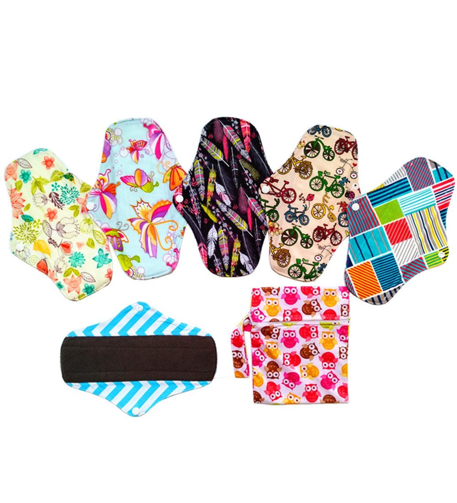 Charcoal Bamboo Mama Cloth Menstrual Pads MC10-6 - Pack of 7 | Reusable Sanitary Pads - Buy Online on GoSupps.com