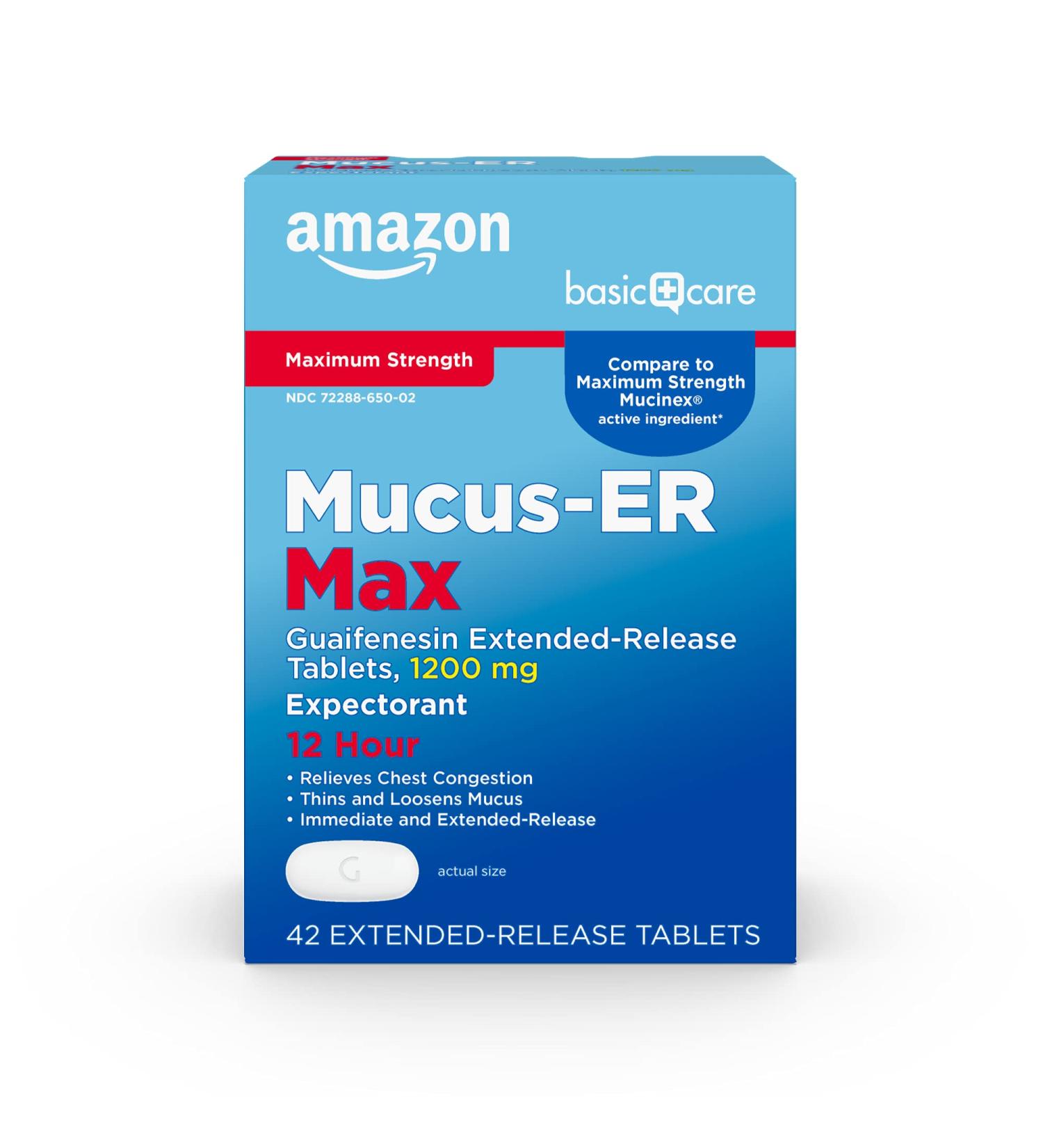 Amazon Basic Care Guaifenesin 1200mg Extended-Release Tablets - 42 Count Pack - Chest Congestion and Mucus Relief - Max Strength Formula - Buy Online on GoSupps.com