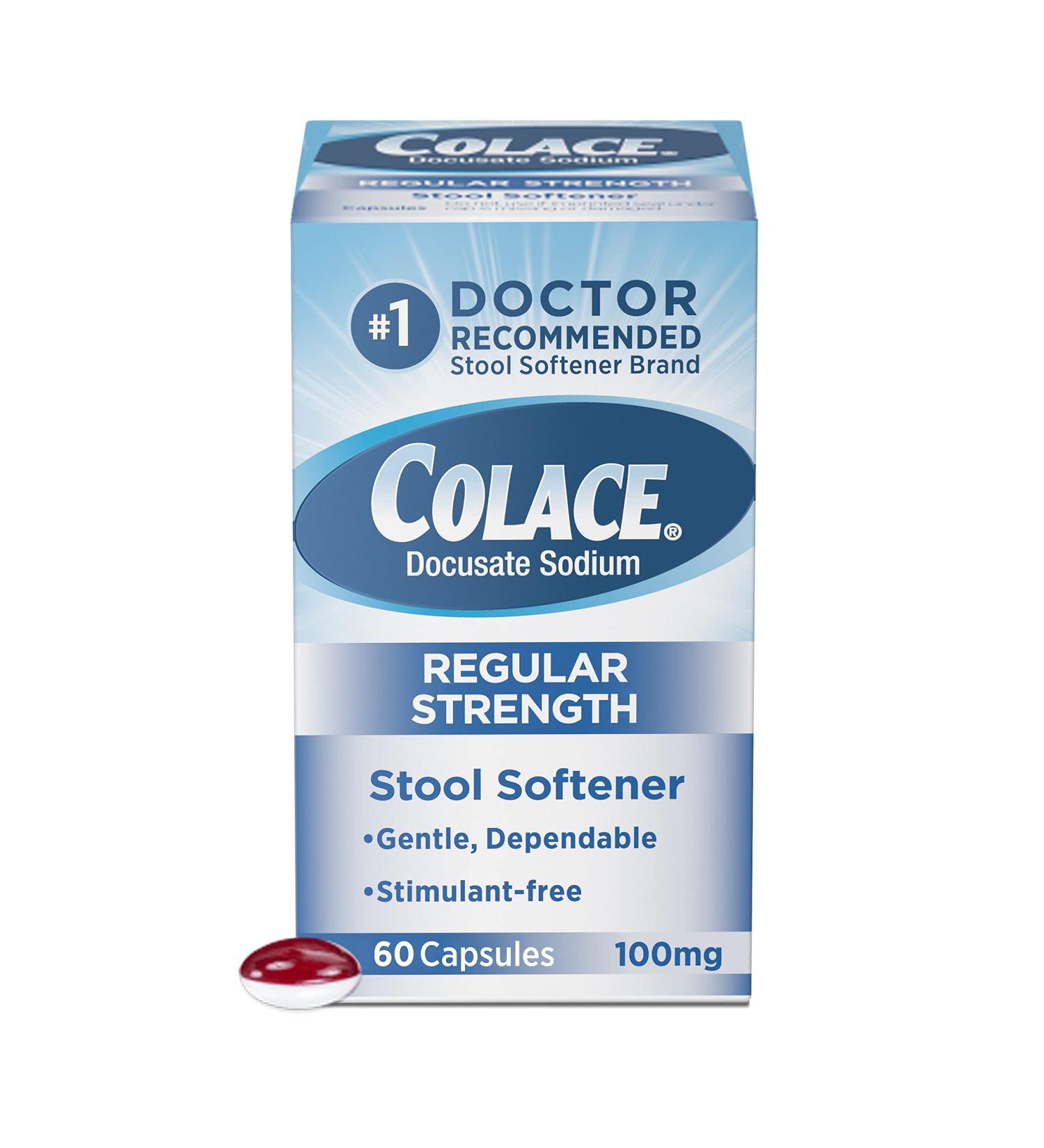 Colace Regular Strength Stool Softener 100mg Capsules - 60 Count Pack, Docusate Sodium for Gentle Relief - Buy Online on GoSupps.com