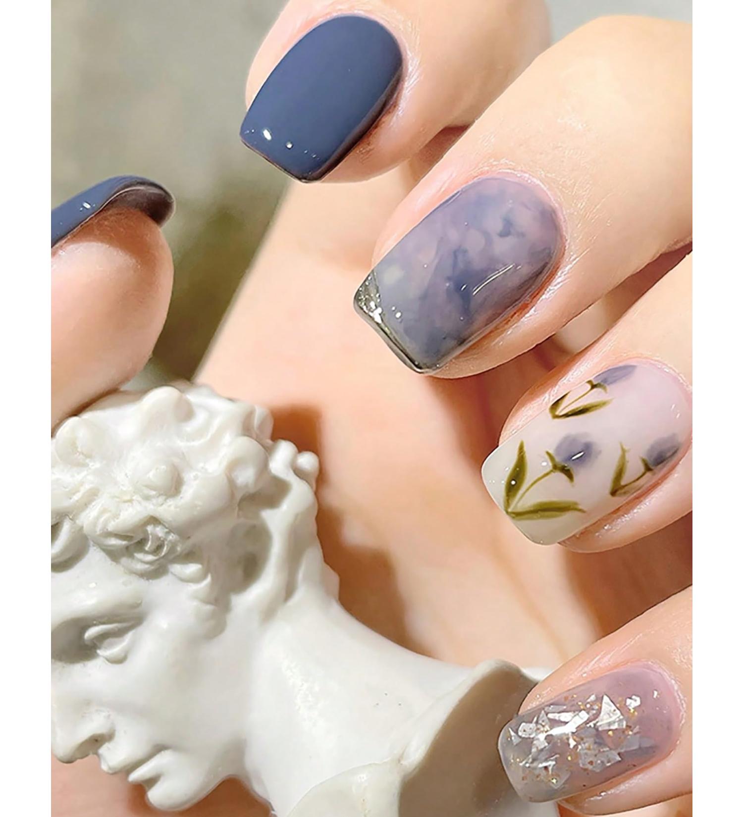 24pcs Watercolor Blue Coffin Fake Nail Flower Blue 3D Press on Nails Valentine's Day Nails Luxurious Nails Acrylic Nails Fake Nails For Women Girls - Buy Online on GoSupps.com