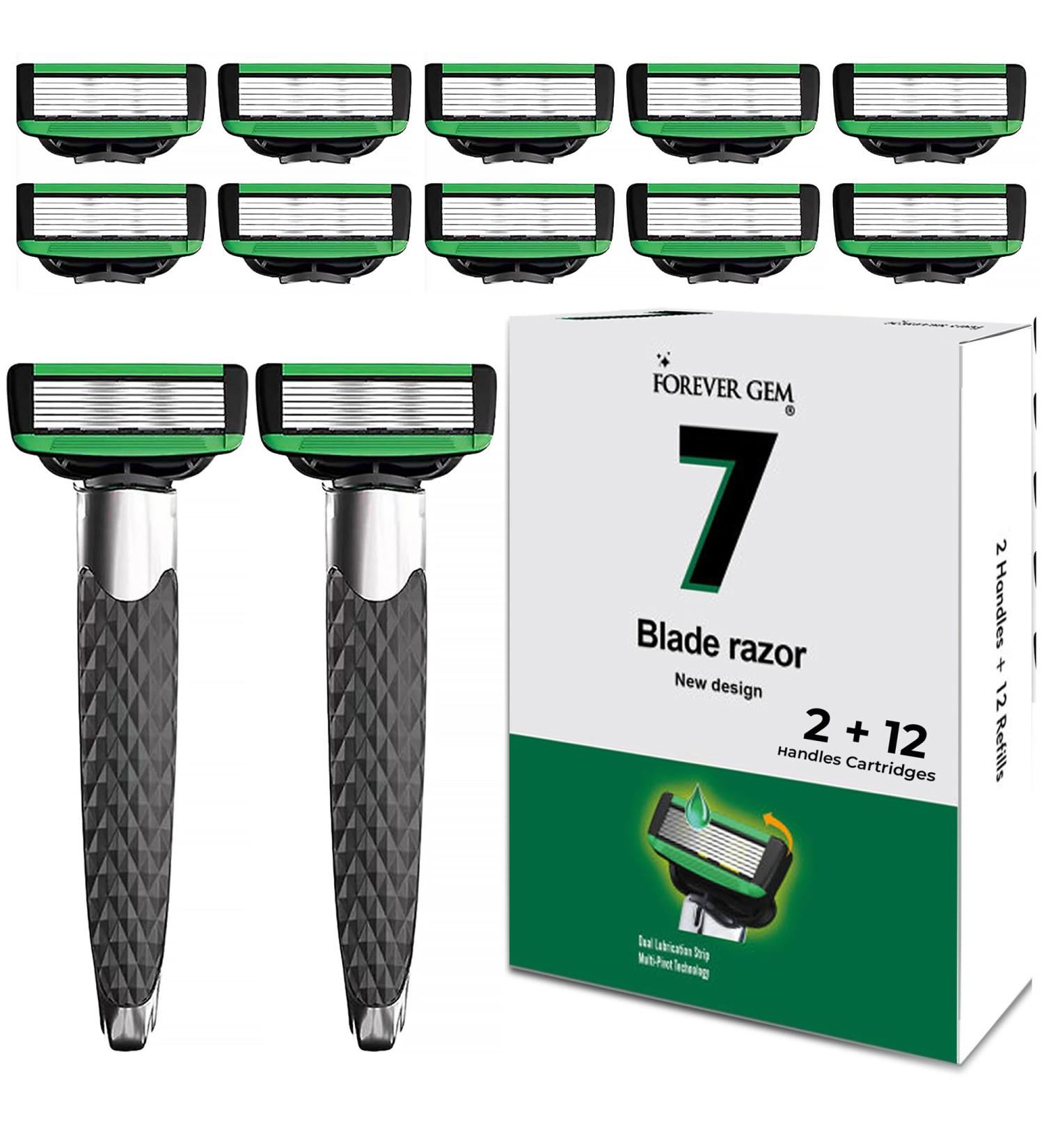 Ultimate Comfort Shaving Set for Men - 7 Blades Lubricating Strip Non-Slip Handle 12 Refills Ergonomic Design Vitamin E & Aloe Vera Infused - Buy Online on GoSupps.com