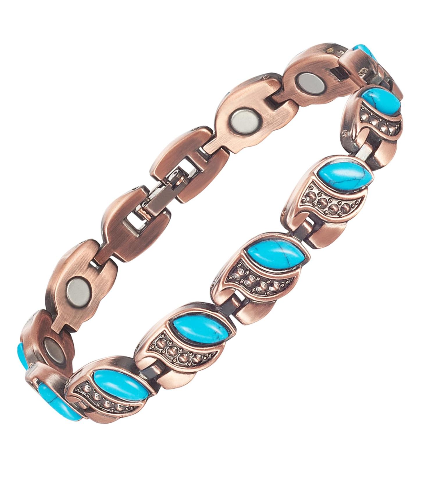 Yinox Copper Magnetic Bracelet for Women - Natural Blue Turquoise Healing & Lifting Ideal Gift for Sister Wife Mother (18.5 cm) - Buy Online on GoSupps.com
