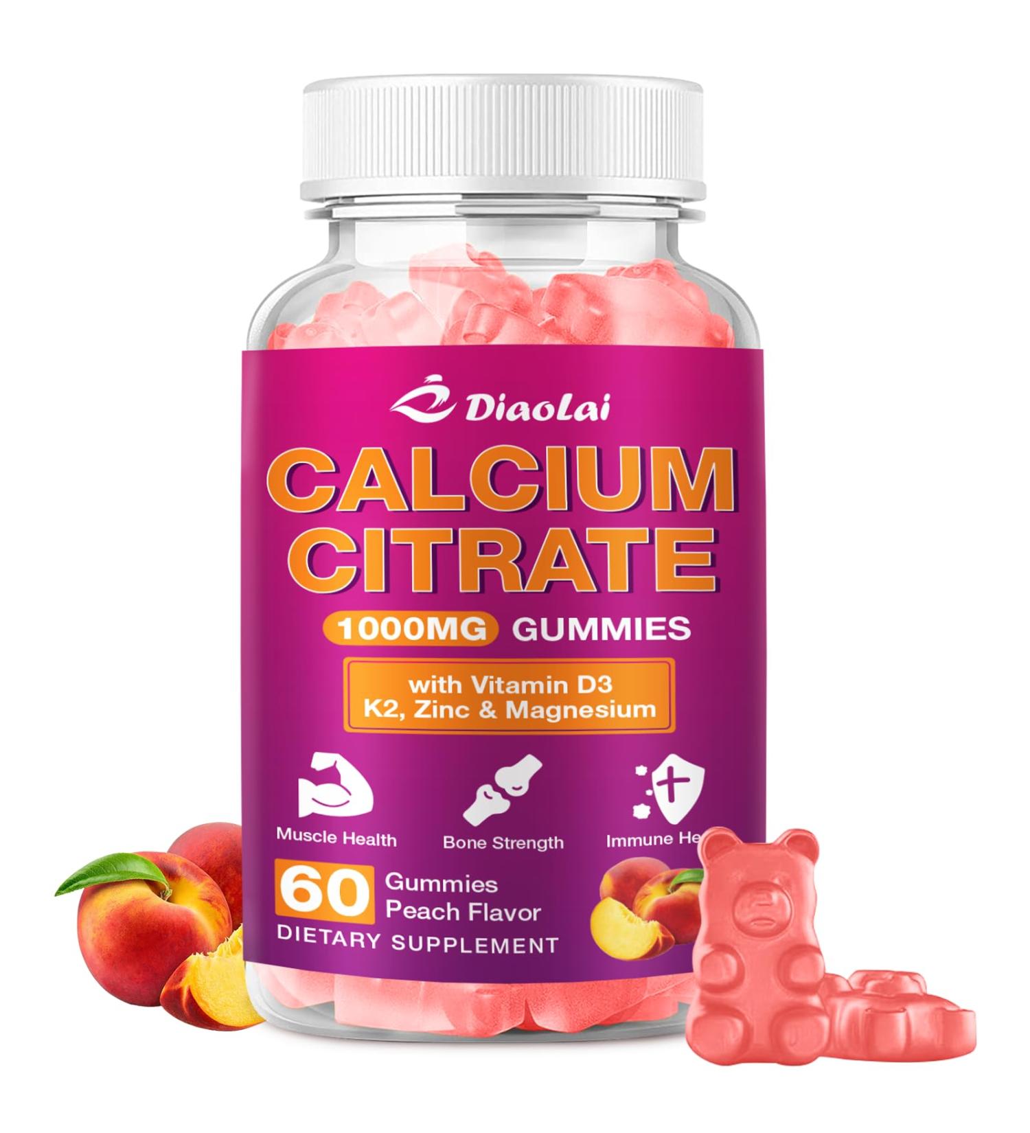 Calcium Citrate Gummies - 1000mg per Serving - Supports Bone & Teeth Health with Vitamin D3 & K2 - Delicious Peach Flavor - Non-GMO Gluten-Free - 60 Gummies 1pack - Buy Online on GoSupps.com