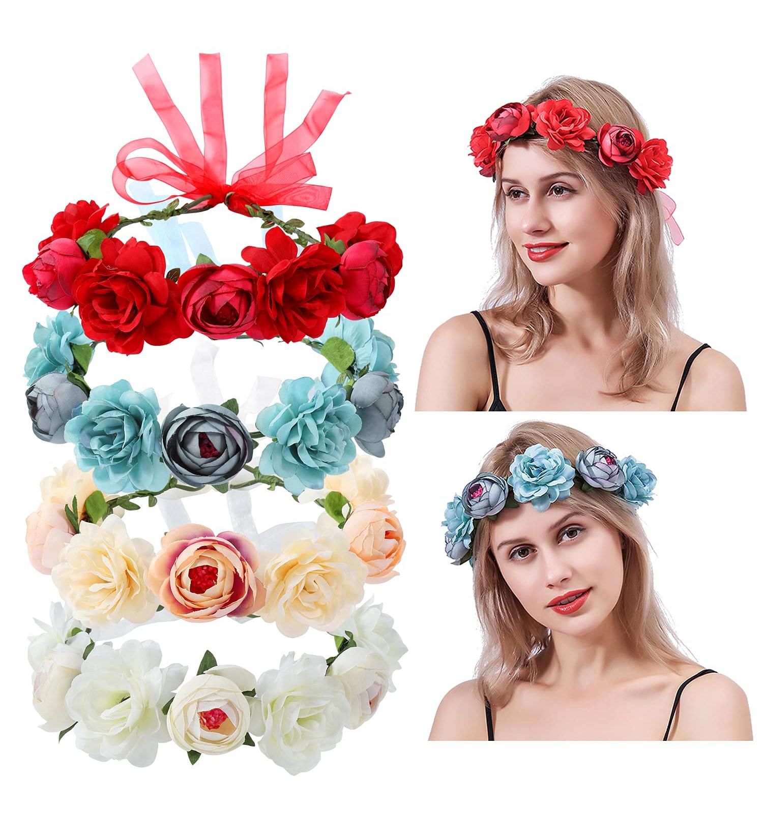 Cinaci 4 Pack Handmade Floral Rose Wreath Headbands for Wedding Party - Adjustable Crown Headpiece for Women, Brides, Bridemaids, Girls, Teens - Buy Online on GoSupps.com