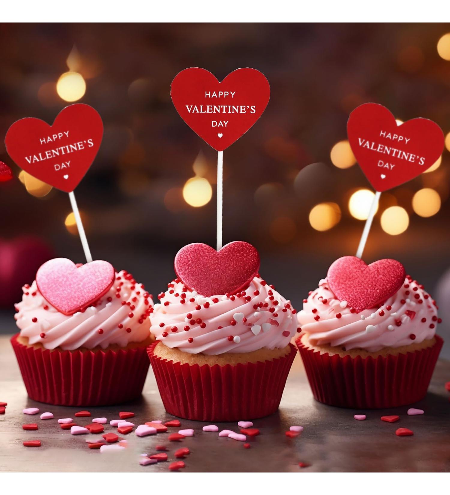 24pcs Valentines Cupcake Toppers Red Valentines Cake Toppers Happy Valentines Day Cake Toppers Double Sided Valentines Cake Decorations for Valentines Cupcake Decorations - Buy Online on GoSupps.com
