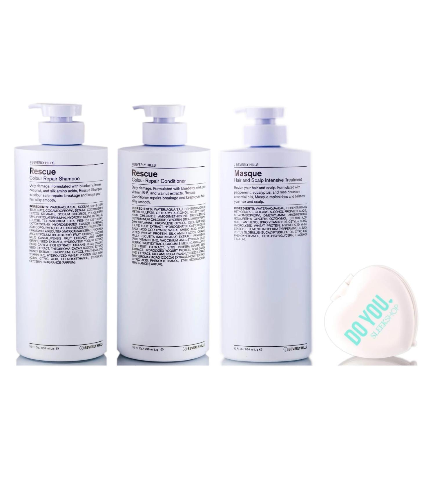 J Beverly Hills Rescue Shampoo Conditioner & Masque TRIO Set (with Sleek Compact Mirror) (32 oz / 1000ml Large Liter TRIO Kit)