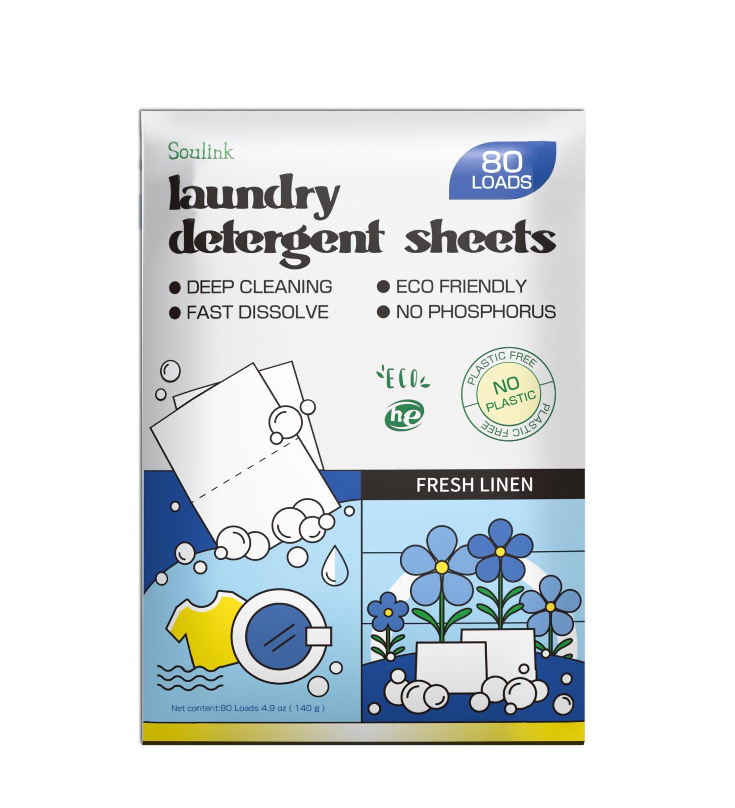 Soulink Eco-Friendly Laundry Detergent Sheets - 80 Loads Hypoallergenic Plant-Based & Travel Safe Fresh Linen Scent - Buy Online on GoSupps.com