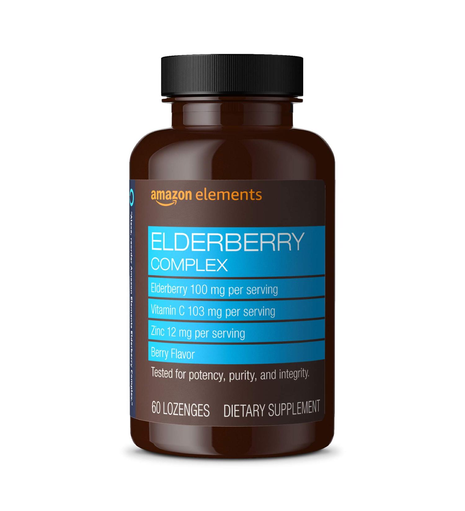 Amazon Elements Elderberry Complex 60 Berry Flavored Lozenges - Immune System Support with Elderberry, Vitamin C, and Zinc - 100mg Elderberry, 103mg Vitamin C, 12mg Zinc per Serving - Buy Online on GoSupps.com