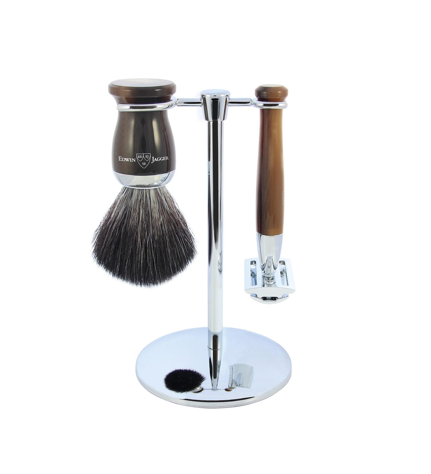 Edwin Jagger 3-piece set with classic horn shaving brush made of plastic holder plain Est ndar