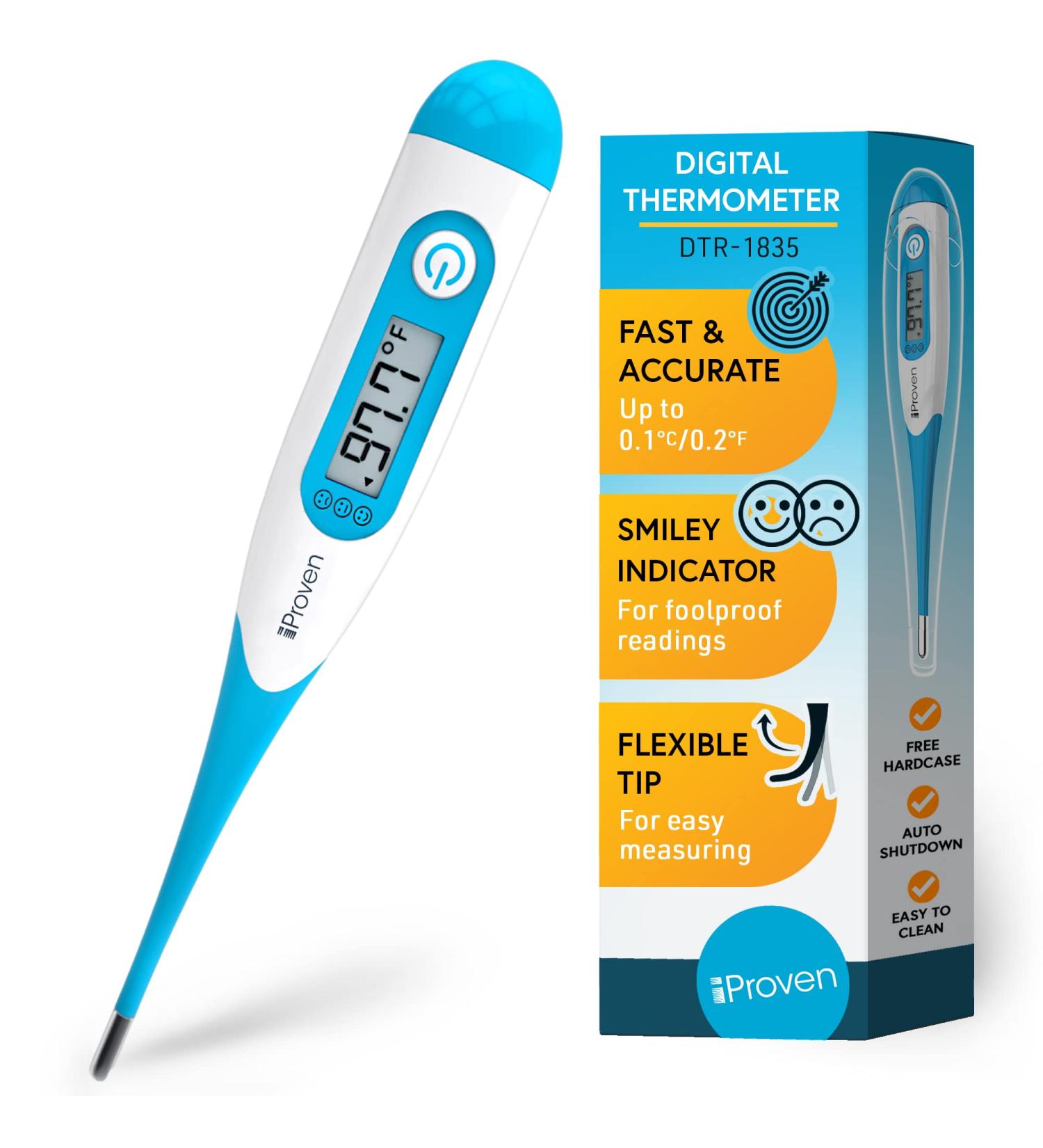 iProven Digital Oral Thermometer for Adults & Kids - Fast, Accurate & Easy to Use - Flexible Tip with Smiley Fever Indicator - Buy Online on GoSupps.com