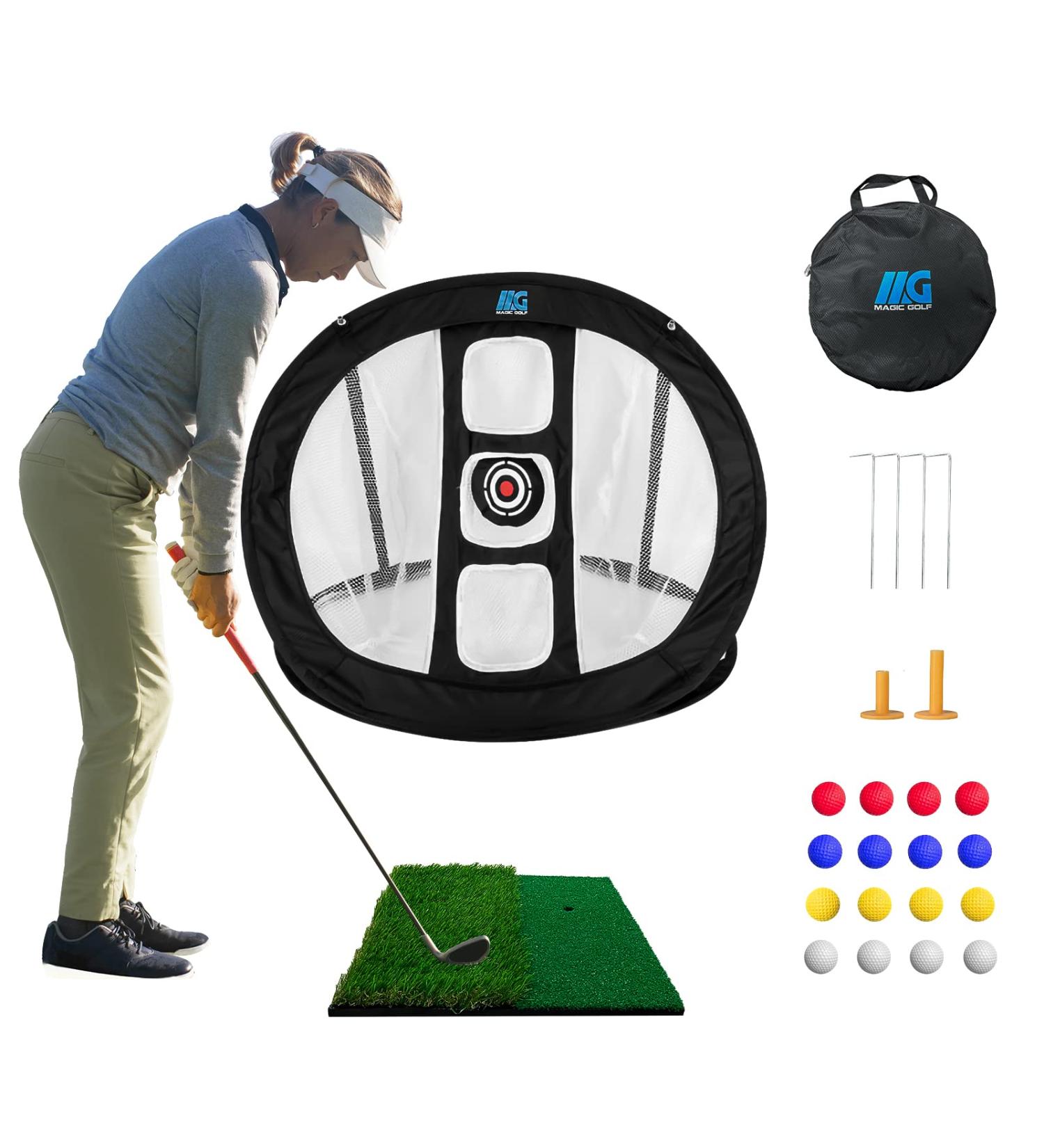 Pop-up Chipping Net and Turf Hitting Mat Set - Golf Practice Net with 3 Targets, 16 Balls & Bag - Indoor/Outdoor Training Aid - Buy Online on GoSupps.com