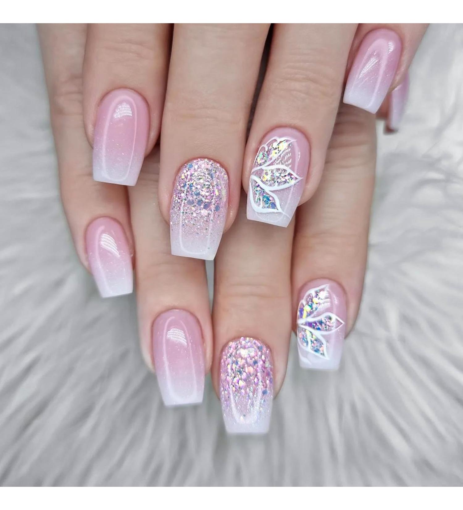 Pink White Glitter Coffin False Nails - 24Pcs Press on Nails for Women/Girls with Nail Glue - Gradient Glitter Nail Tips for Nail Art - Buy Online on GoSupps.com