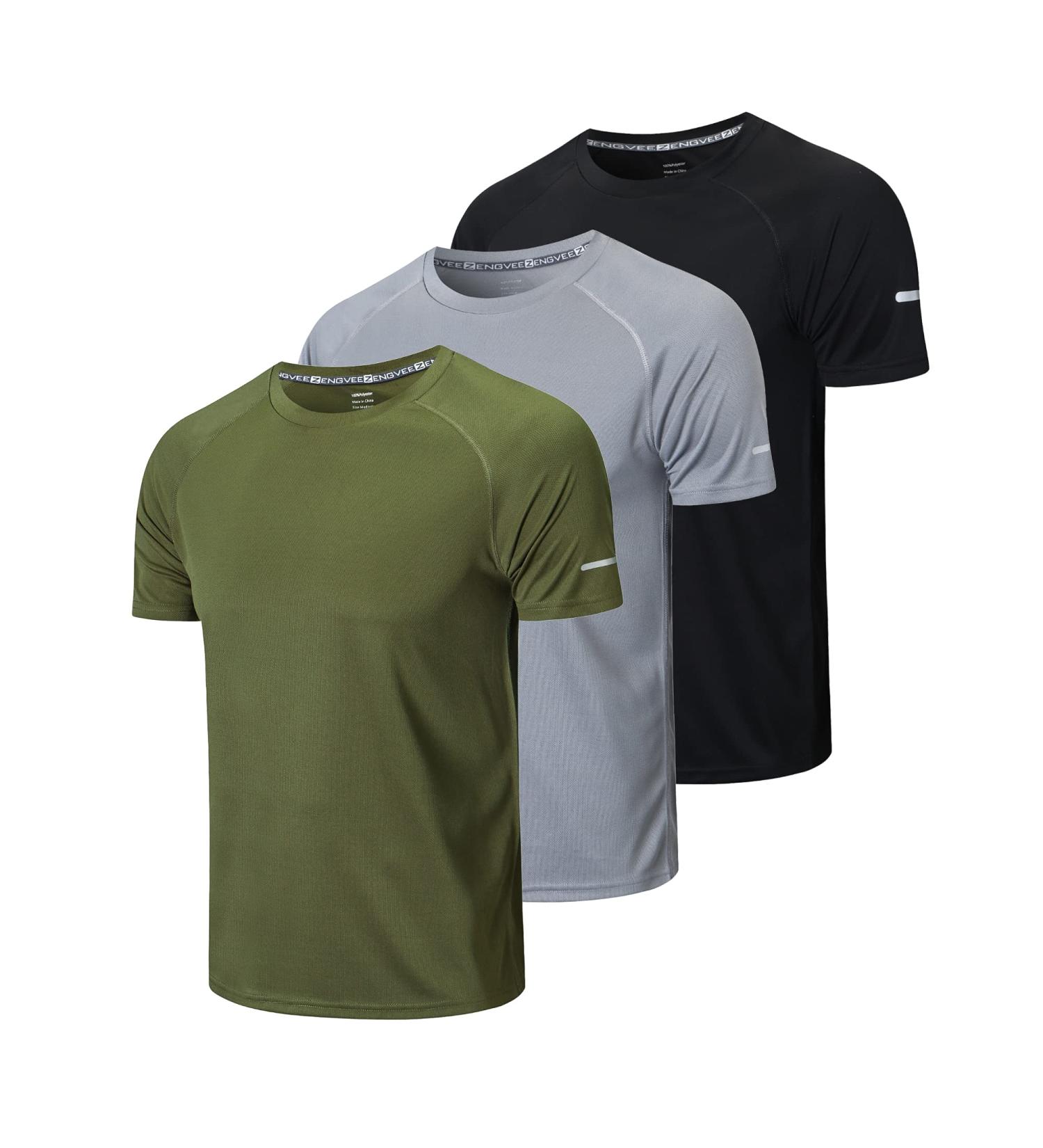 frueo Men's 3 Pack Dry Fit Moisture Wicking Athletic T-Shirts - Black/Gray/Green - Size Large - Buy Online on GoSupps.com
