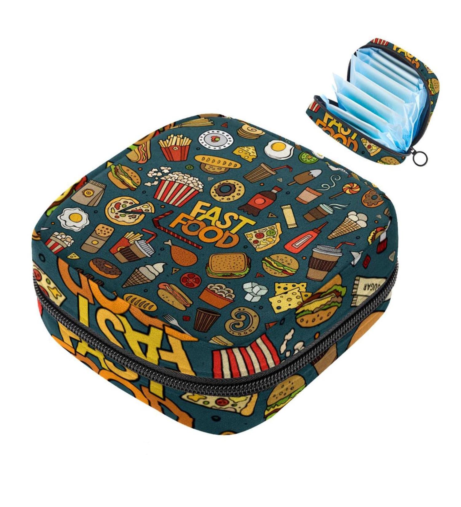 Colorful Cartoon Fast Food Women's Menstrual Bag - Portable Storage for Pads & Cups with Zipper - Ideal for Teens - Buy Online on GoSupps.com