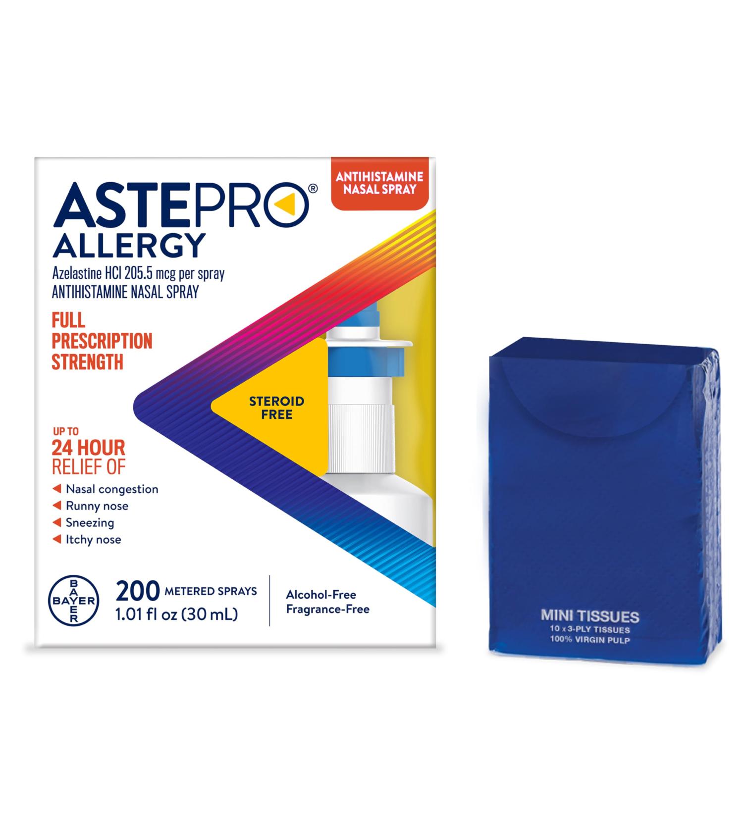 Astepro Nasal Spray and Tissue Bundle 24-Hour Allergy Relief Steroid-Free Azelastine HCI Nasal Congestion Runny & Itchy Nose 200 Metered Sprays (Packaging May Vary) 200 Count Bundle - Buy Online on GoSupps.com