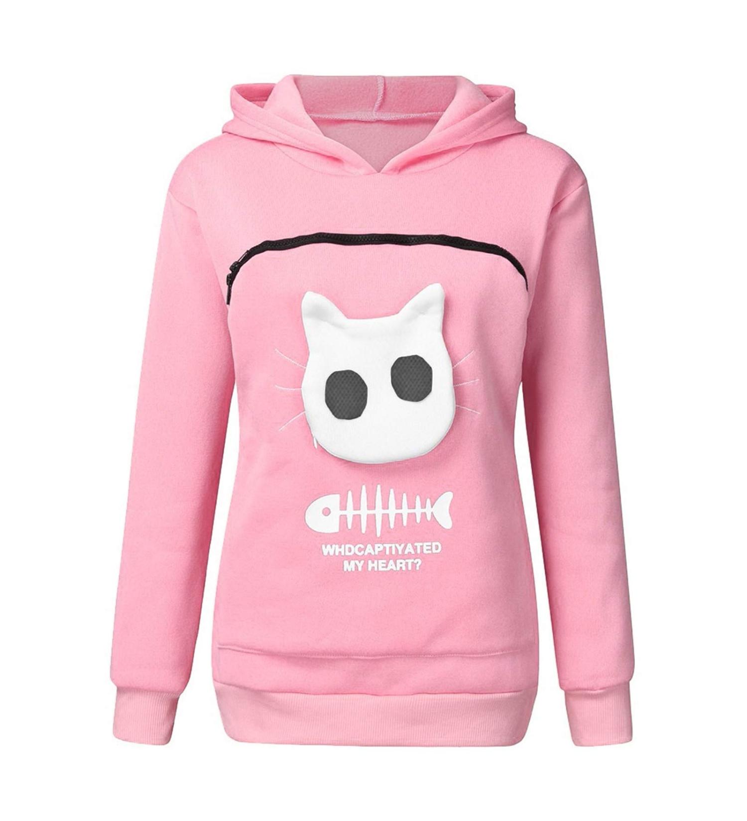 Cozy Women's Cat & Dog Bag Hoodie - Long Sleeve Sweater with Zipper | Warm Pink Sweatshirt - Buy Online on GoSupps.com