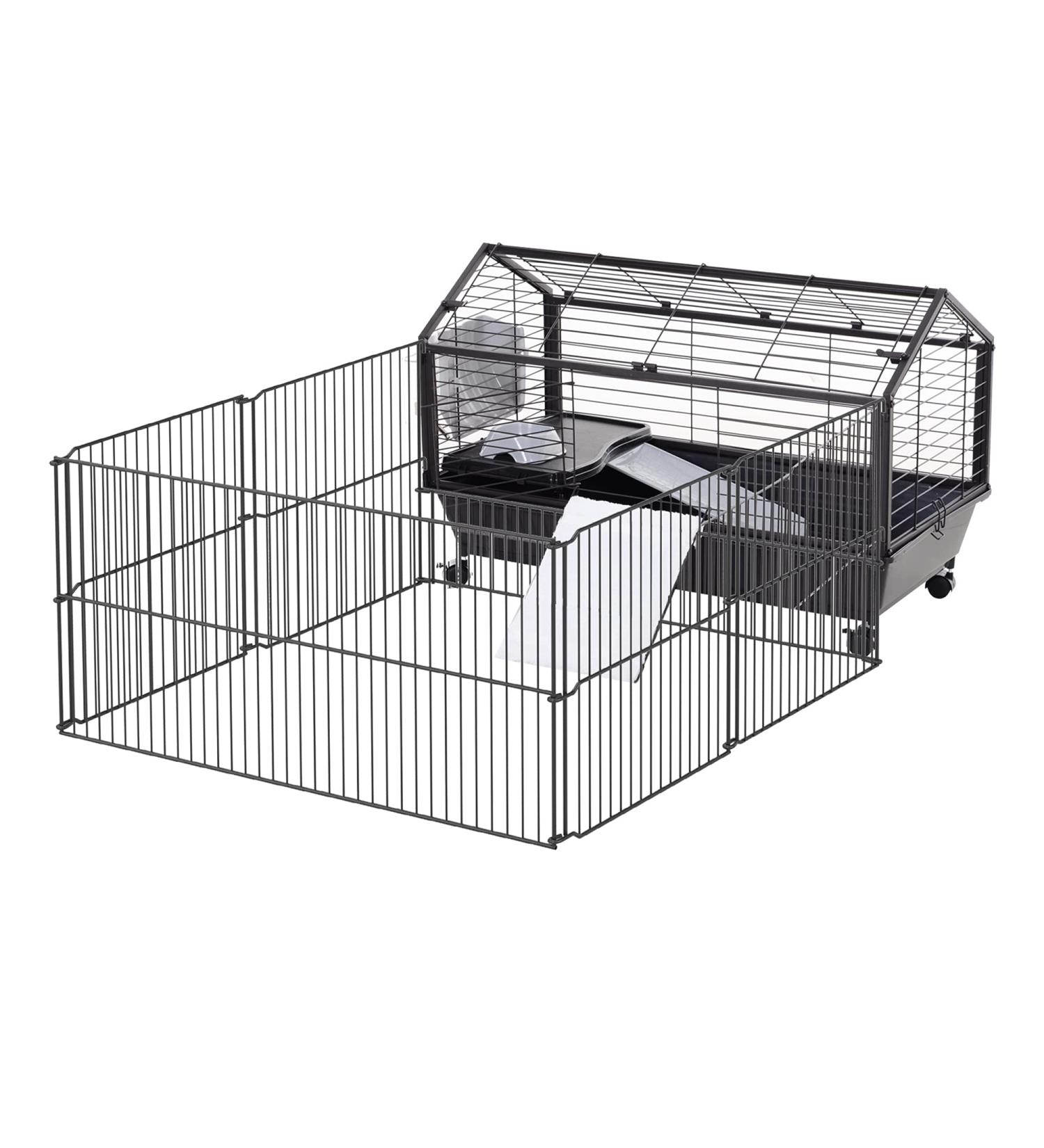 PawHut Metal Small Animal Cage Rabbit Cage for Guinea Pig Chinchilla Hedgehog Bunny with Removable Wheels and Foldable Detachable Run Fence 34.6" L x 50.6" W x 22" H 128L x 87W x 56H cm - Buy Online on GoSupps.com