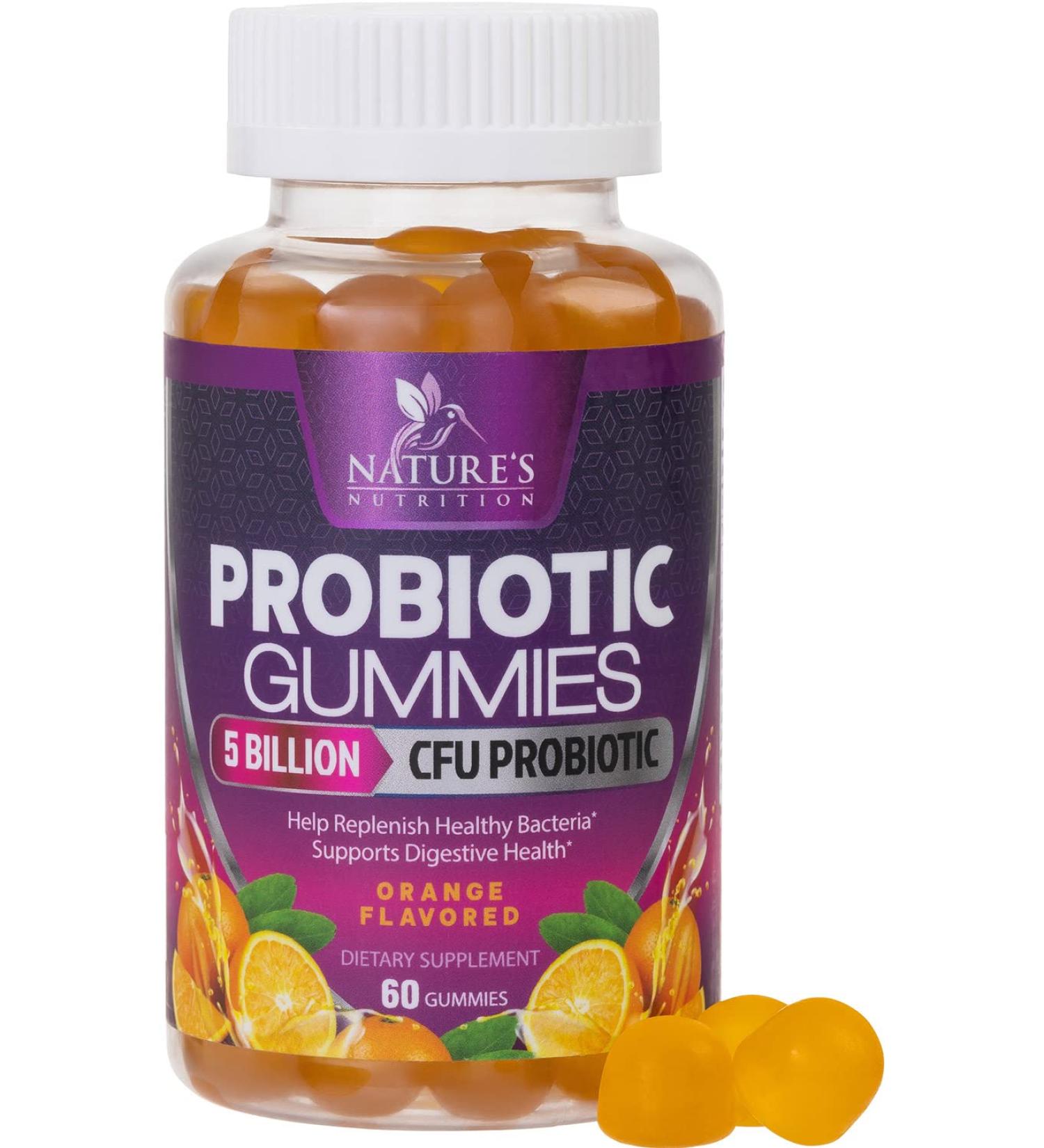 Nature's Nutrition Daily Probiotic Gummies - Extra Strength 5 Billion CFU for Digestive Health & Immune Support - 60 Gummies, Natural Orange Flavor - Gluten Free & Non-GMO - Buy Online on GoSupps.com