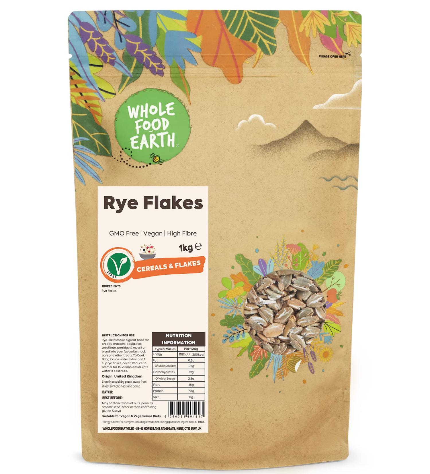 Wholefood Earth Flocons de Seigle Sans OGM - V gan Riche en Fibres 1 kg - Buy Online on GoSupps.com