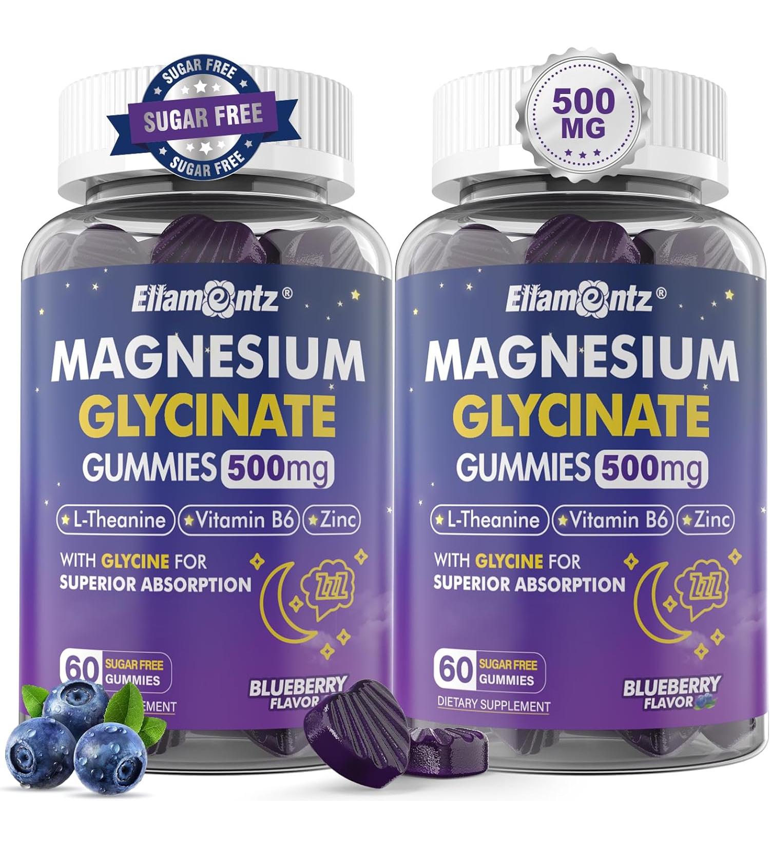 ELLAMENTZ Magnesium Glycinate Gummies 500mg for Adults Kids Teens Sugar Free Magnesium Calm Sleep Aid Gummies with L-Theanine 60 Gummies - Pack Of 2 - Buy Online on GoSupps.com