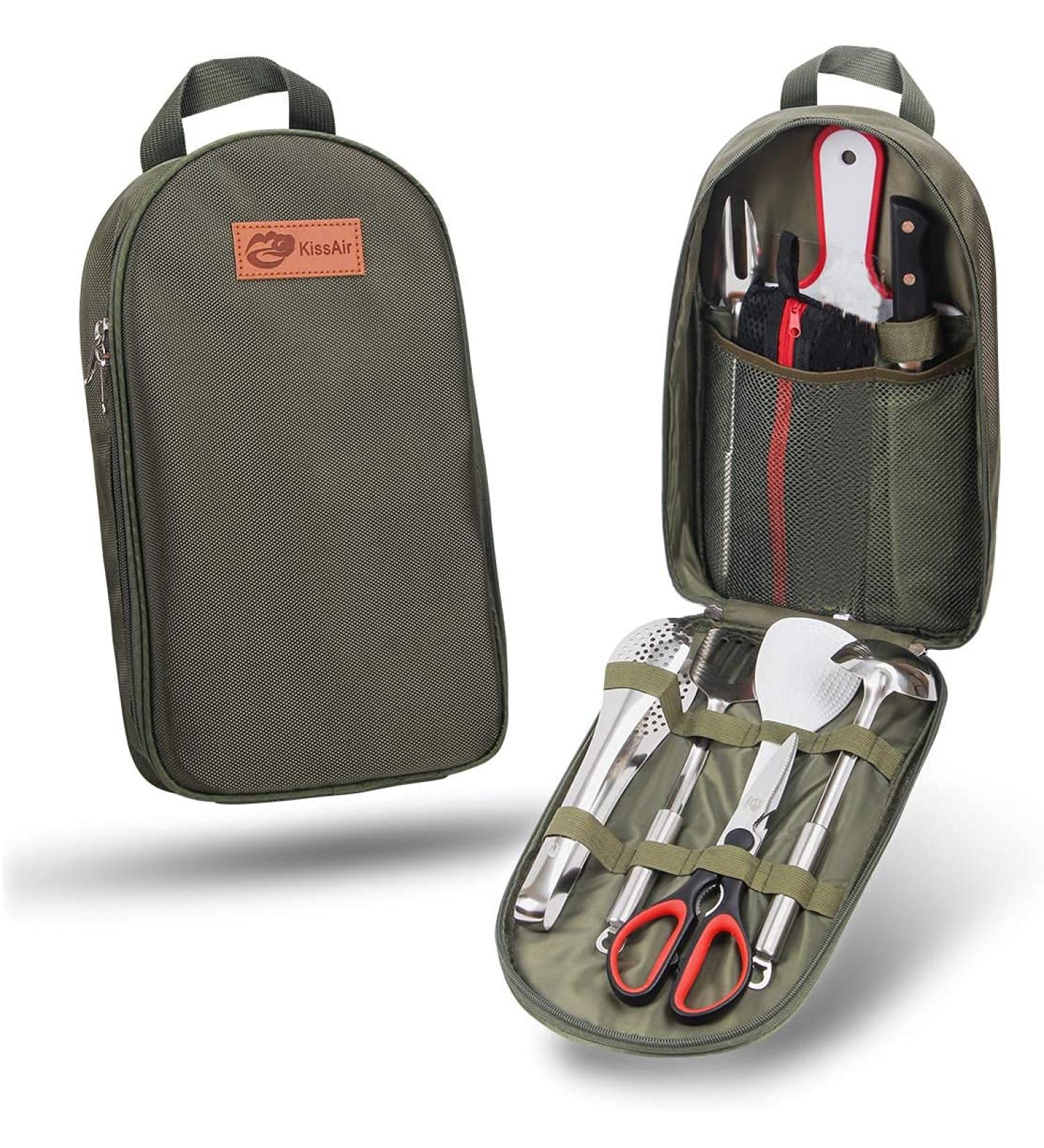 KissAir Portable Camp Kitchen Utensil Organizer Set - BBQ Camping Cookware Travel Kit with Flatware, Water Resistant Case, Cutting Board, Rice Paddle, Tongs, Scissors (Army Green) - Buy Online on GoSupps.com