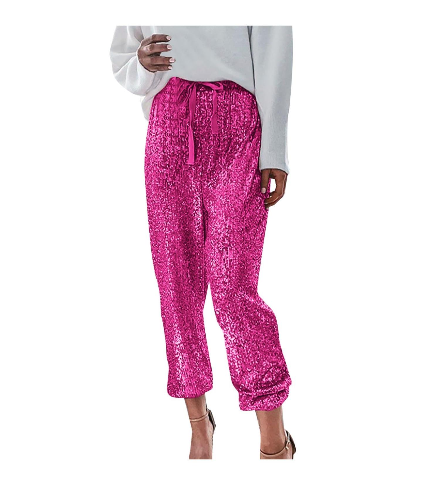 Duohropke Women's Sequin Pants - Gold & Silver Elegant Baggy Jogging Trousers | Vintage Disco & Party Fashion | XL Pink Leisure Wear - Buy Online on GoSupps.com