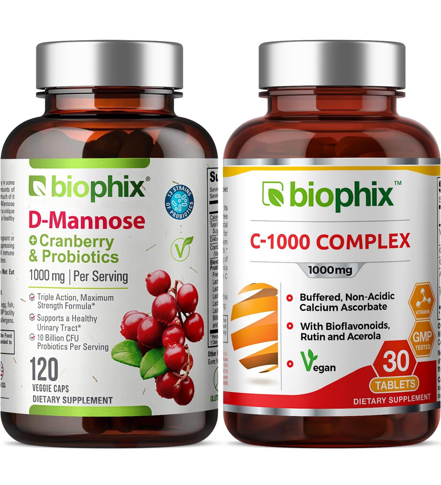 biophix D-Mannose Plus Cranberry Probiotics 1000 mg 120 Vcaps - Free Vitamin C-1000 30 Tablets - Supports Urinary Bladder Tract Health and Digestive Well Being - Buy Online on GoSupps.com