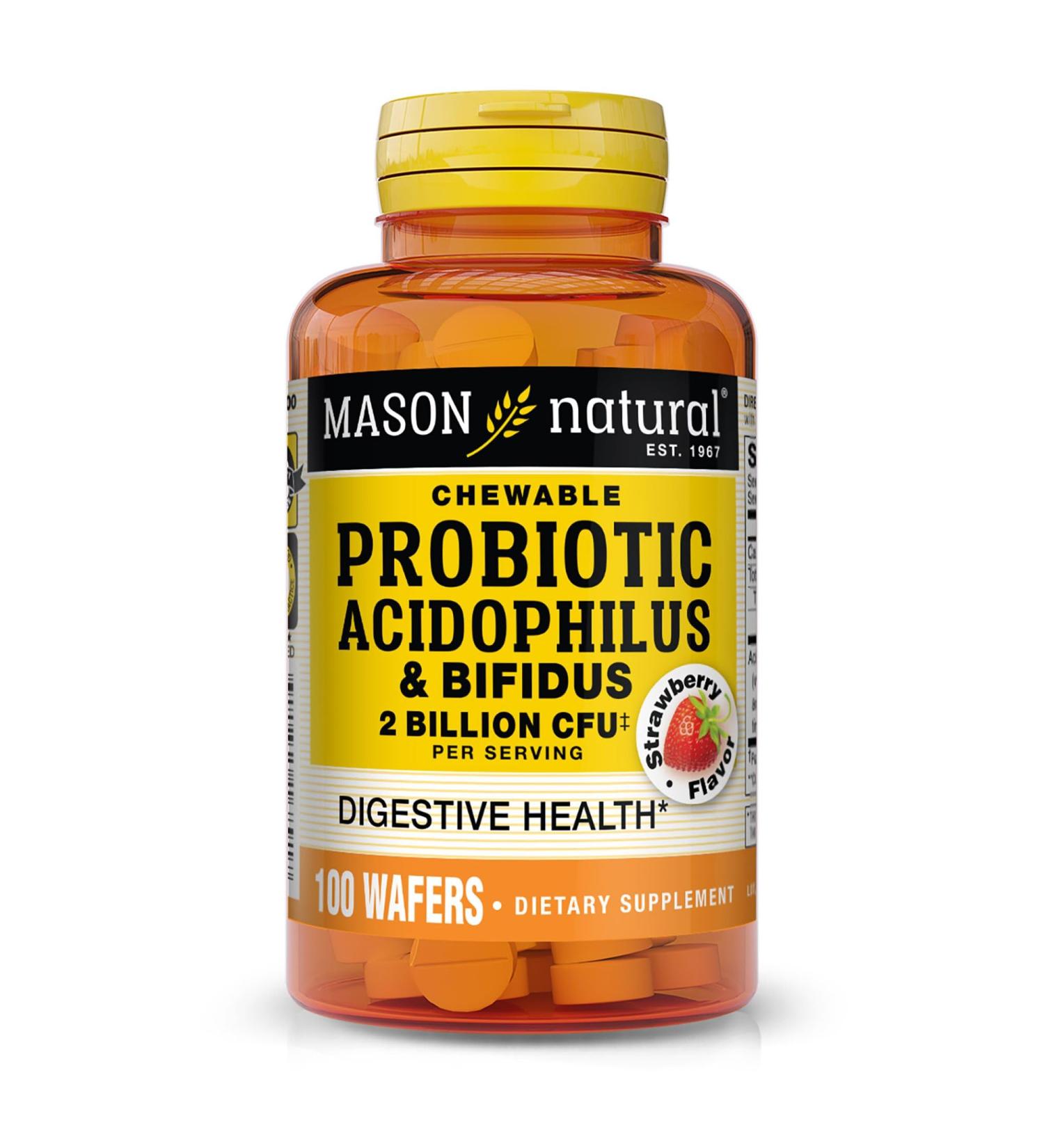 MASON NATURAL Probiotic Acidophilus with Bifidus 50 Day Supply Supports Healthy Normal Digestion Strawberry Flavor 100 Chewable Wafers Strawberry 100 Count (Pack of 1) - Buy Online on GoSupps.com