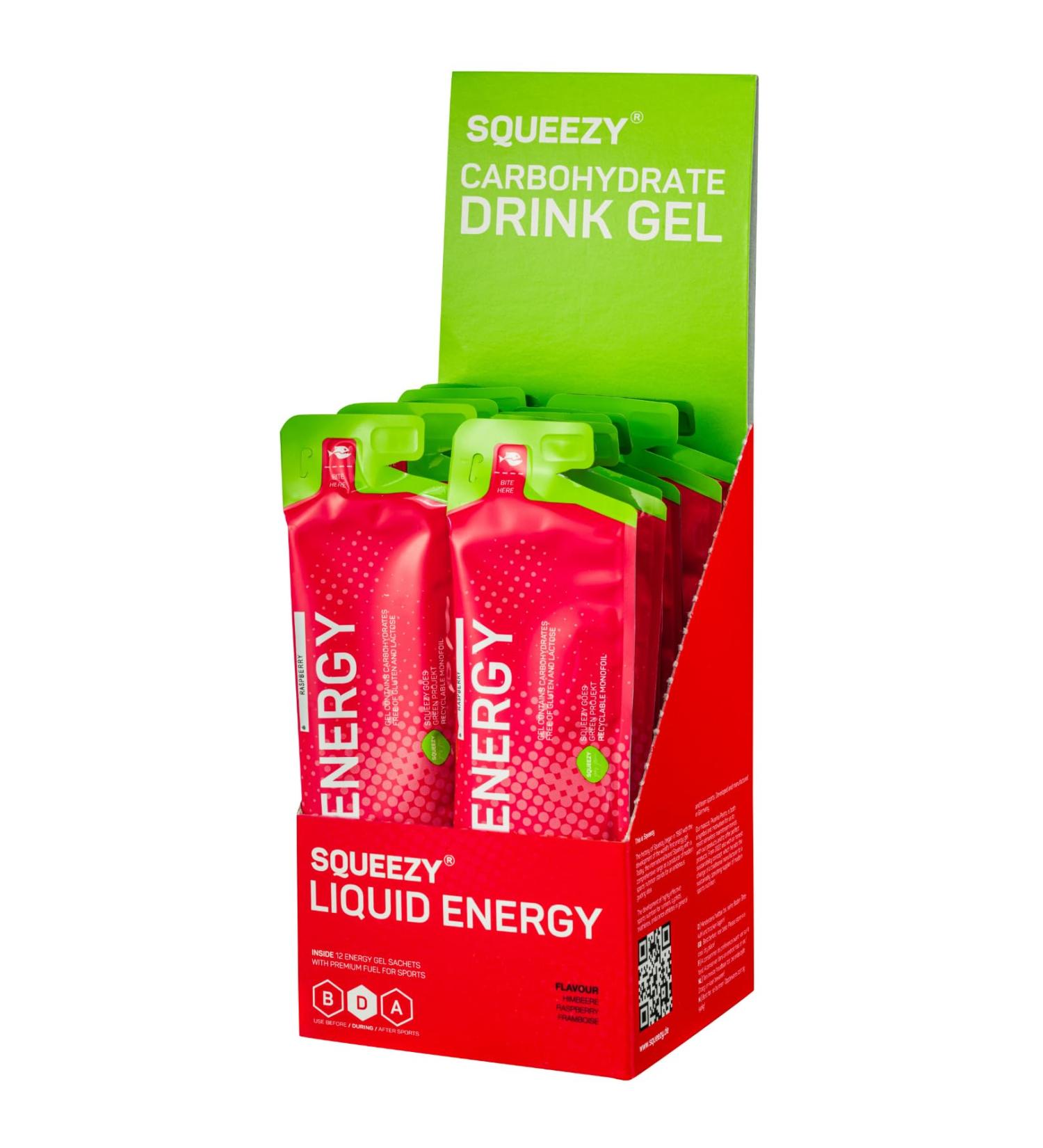 Squeezy Liquid Energy (Raspberry) 12 Pack - Fast-Acting Sport Energy Gel for Cycling & Marathons - Hydration & Performance Boost - 60 ml Each - Buy Online on GoSupps.com