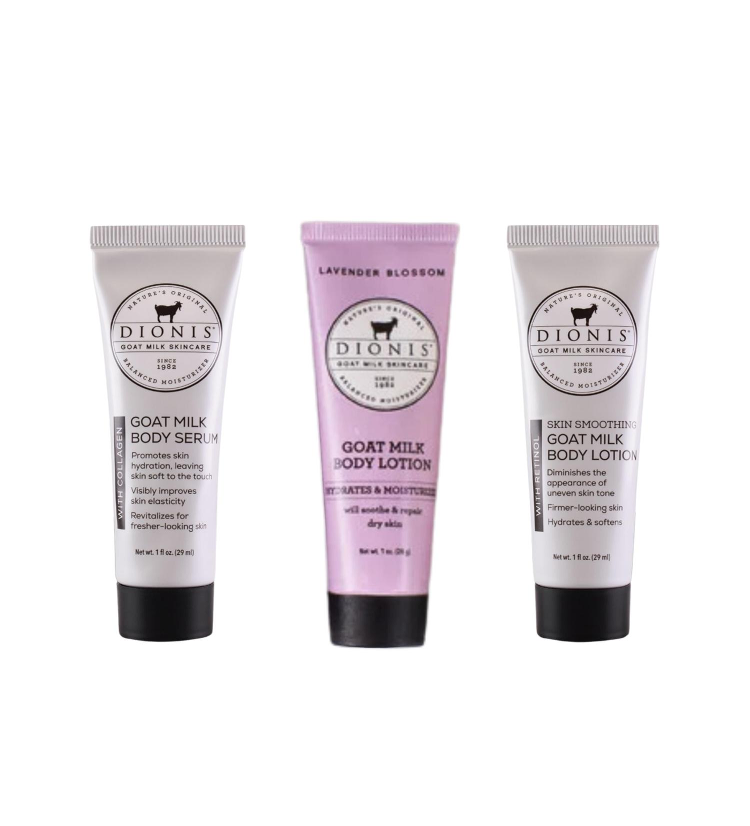 Dionis Goat Milk Skincare Body Care Set - Lavender Blossom Lotion Body Lotion W/Retinol Body Serum W/Collagen Deep Hydration and Younger Skin Lavender Blossom Lotion & Serum Set - Buy Online on GoSupps.com