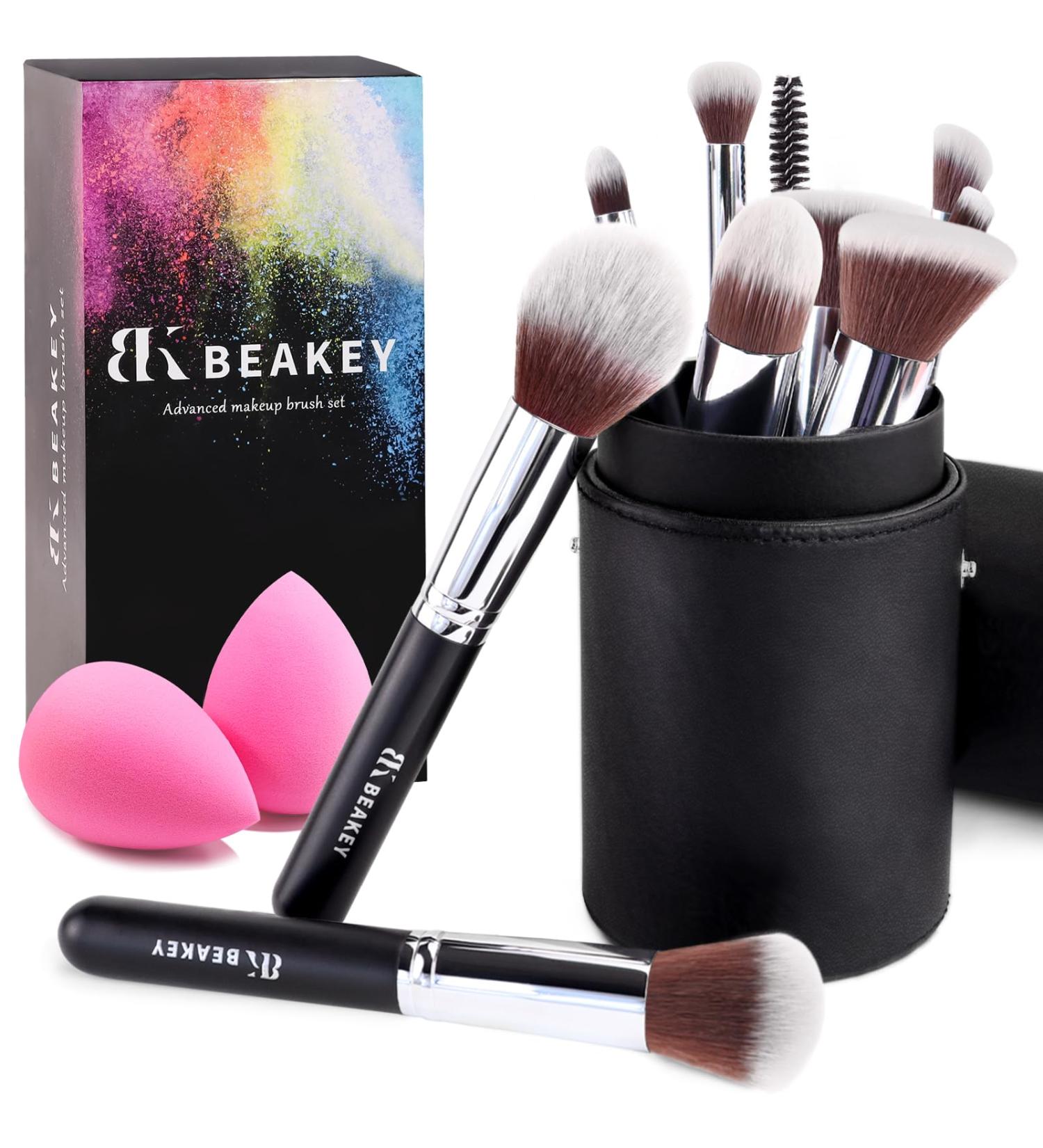Beakey Makeup Brush Set for Women & Girls | 10+2PCs Foundation Blending Powder Blush Eye Shadow with Sponge & Cleaning Egg - Black/Silver - Buy Online on GoSupps.com
