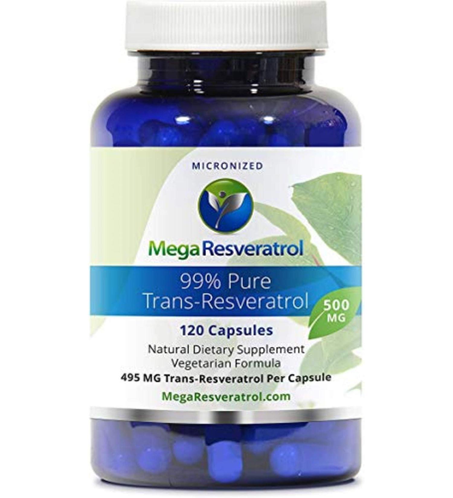 Mega Resveratrol 99% Pure Isolate 500mg Capsules - Pharmaceutical Grade Micronized Trans-Resveratrol - Purity Certified with NO Toxic Additives - 120 Veggie Caps - Buy Online on GoSupps.com