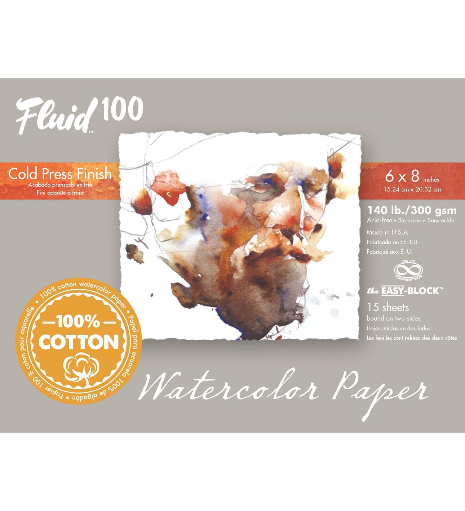 Fluid 100 Artist Watercolor Block 140 lb - 6x8 Inches, 100% Cotton Cold Press Pad for Painting - 15 Sheets, Easy Block Binding - Buy Online on GoSupps.com