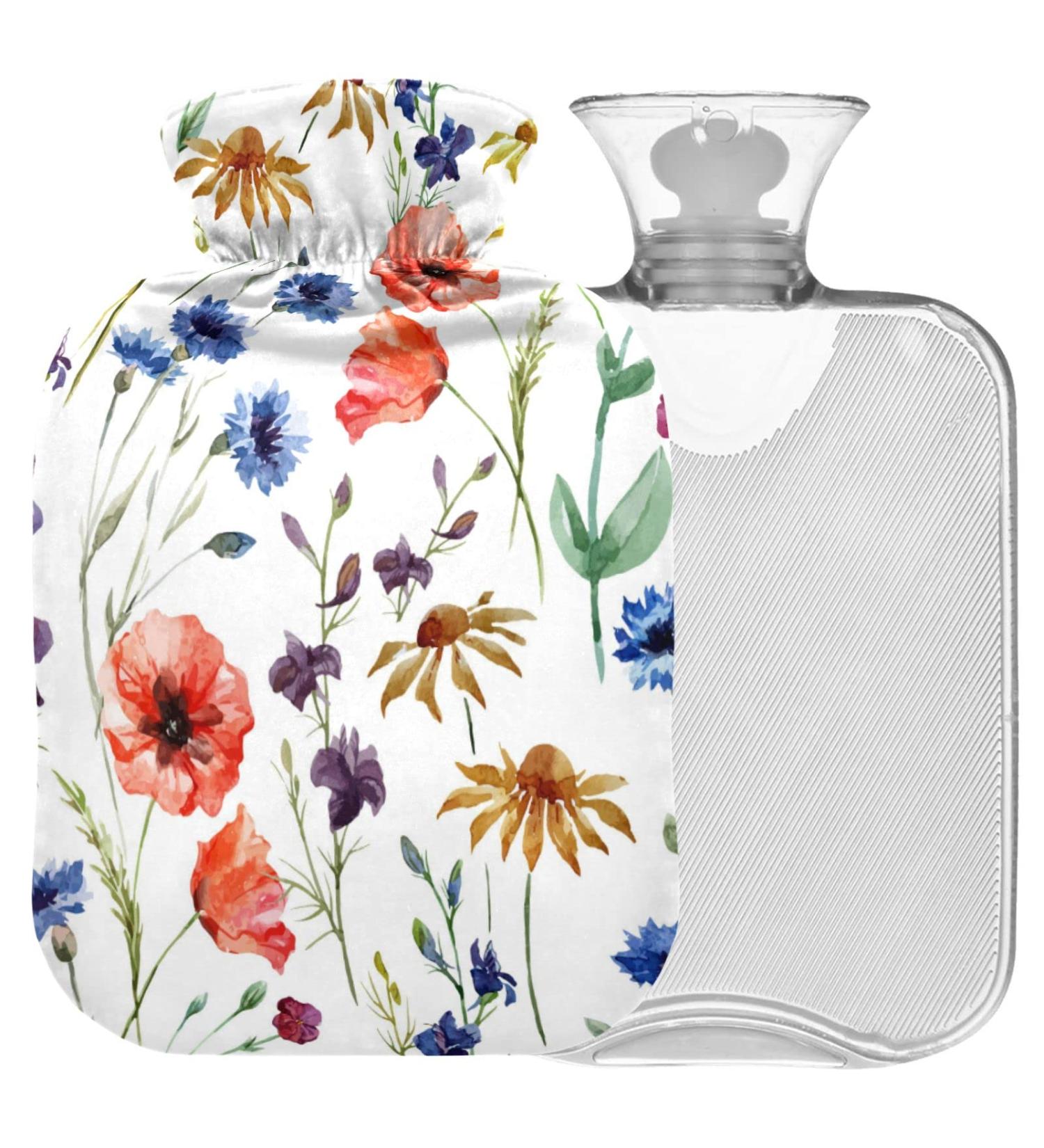 NAANLE Hot Water Bottle with Cover - Goose Blower & Poppy Flowers Watercolor | 1L Menstrual Cramps Pain Relief & Heat Therapy - Buy Online on GoSupps.com