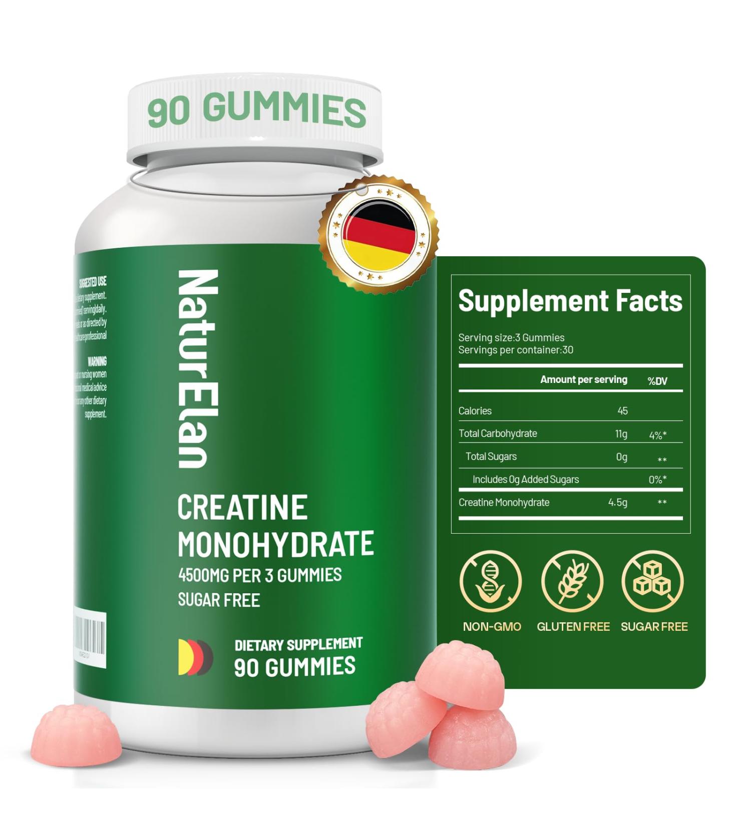 NaturElan Creatine Monohydrate Gummies, Sugar Free, No Gelatin, Pre Workout Supplement Supports Muscle Growth, Strength & Faster Recovery, Third-Party Tested, Vegan, Non-GMO - Buy Online on GoSupps.com