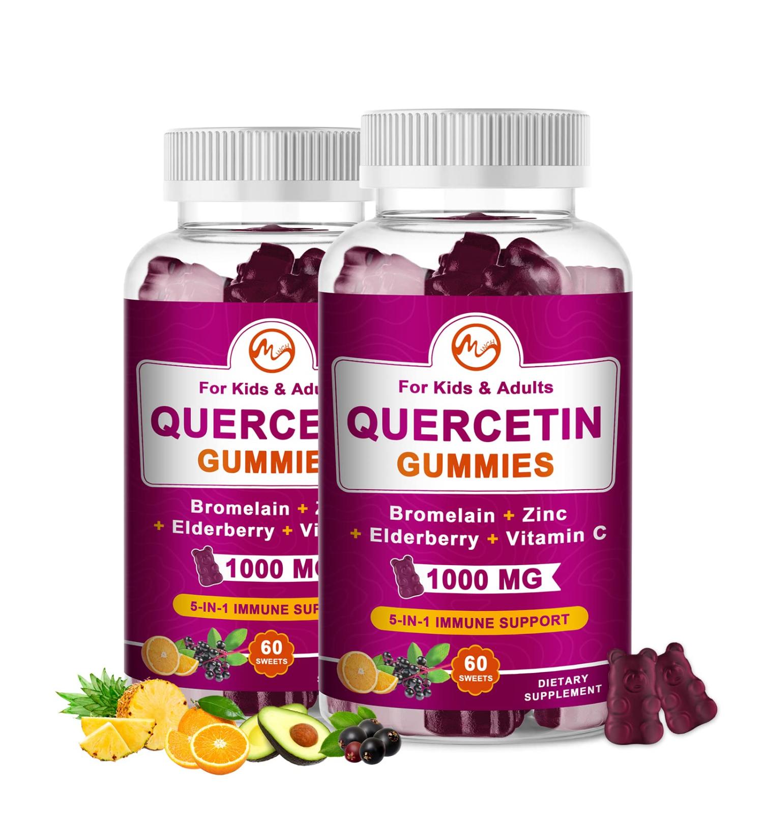 2 Pack Quercetin Gummies with Bromelain, Elderberry, Zinc & Vitamin C - Immunity & Cardiovascular Support - Vegan Chewable Supplement for Allergy Relief - 1000mg Quercetin for Adults & Kids - Buy Online on GoSupps.com