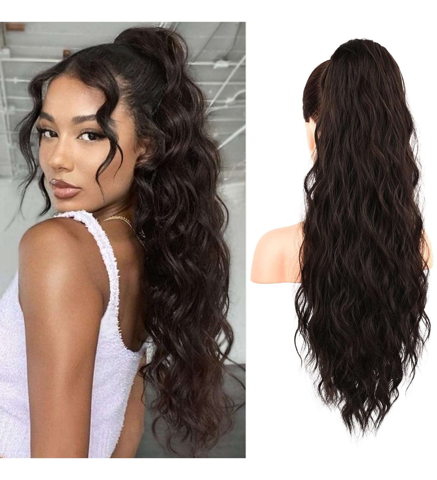 REECHO 26 Long Beach Wave Drawstring Ponytail Extension - Synthetic Hairpiece for Women - Black Brown - Buy Online on GoSupps.com