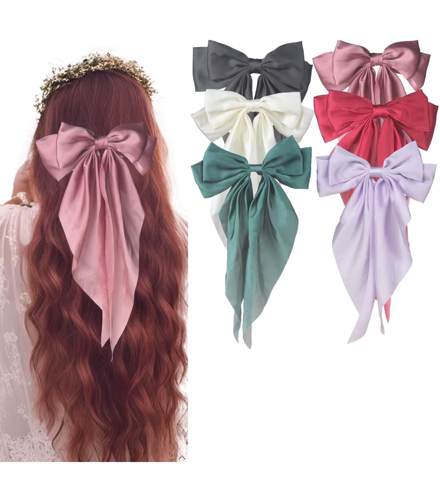 MOUOGO Silky Satin Hair Bows Oversized Long Tail for Women Girls Mujeres - Aesthetic Hair Accessories for Coquette and Mo os Large Ribbon Barrettes with Metal Clips Ni as' Hairstyles - Buy Online on GoSupps.com