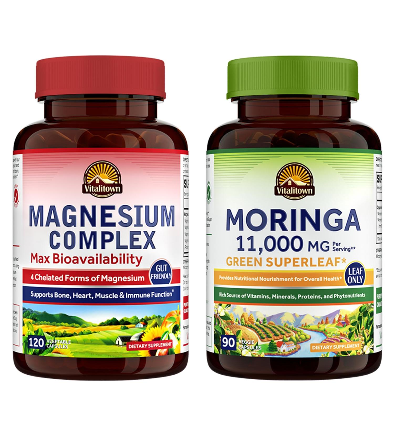 Vitalitown Magnesium + Moringa Bundle (Pack of 2) | Magnesium Complex (Item 1) & Moringa (Item 2) | 120 Magnesium Capsules & 90 Moringa Capsules - Buy Online on GoSupps.com